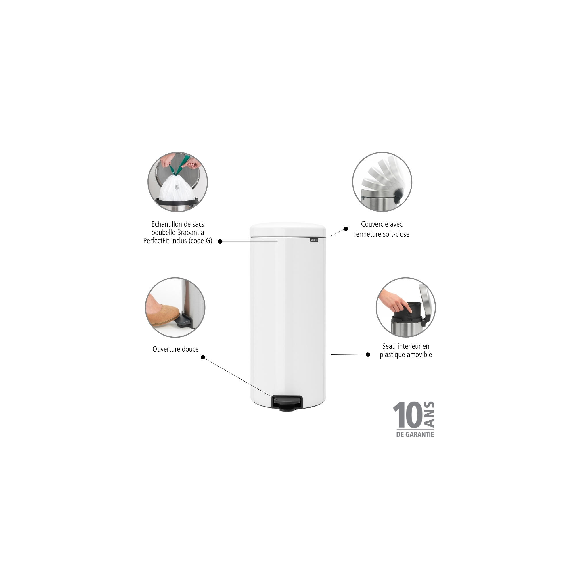 Poubelle de cuisine 30L à pédale BRABANTIA New icon acier blanc - 6