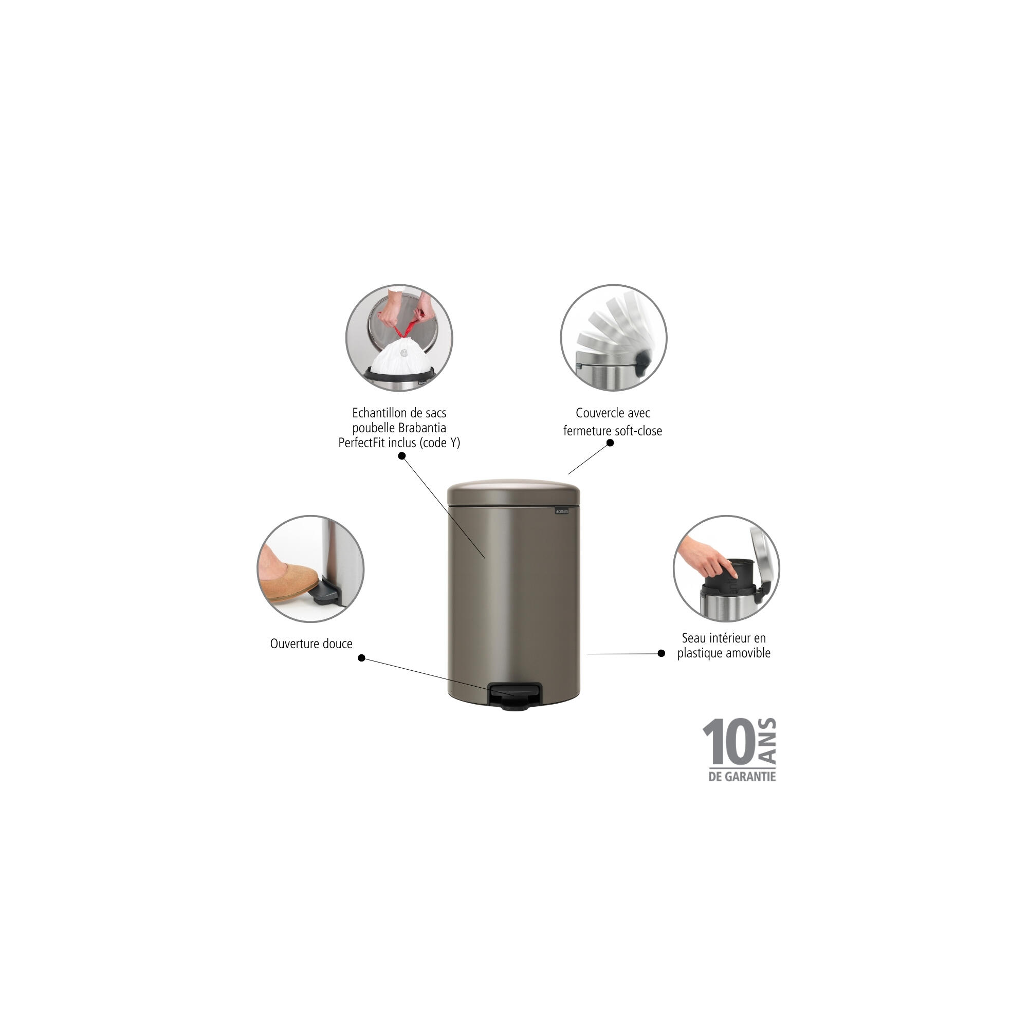 Poubelle de cuisine 20L à pédale BRABANTIA New icon acier platinium - 5