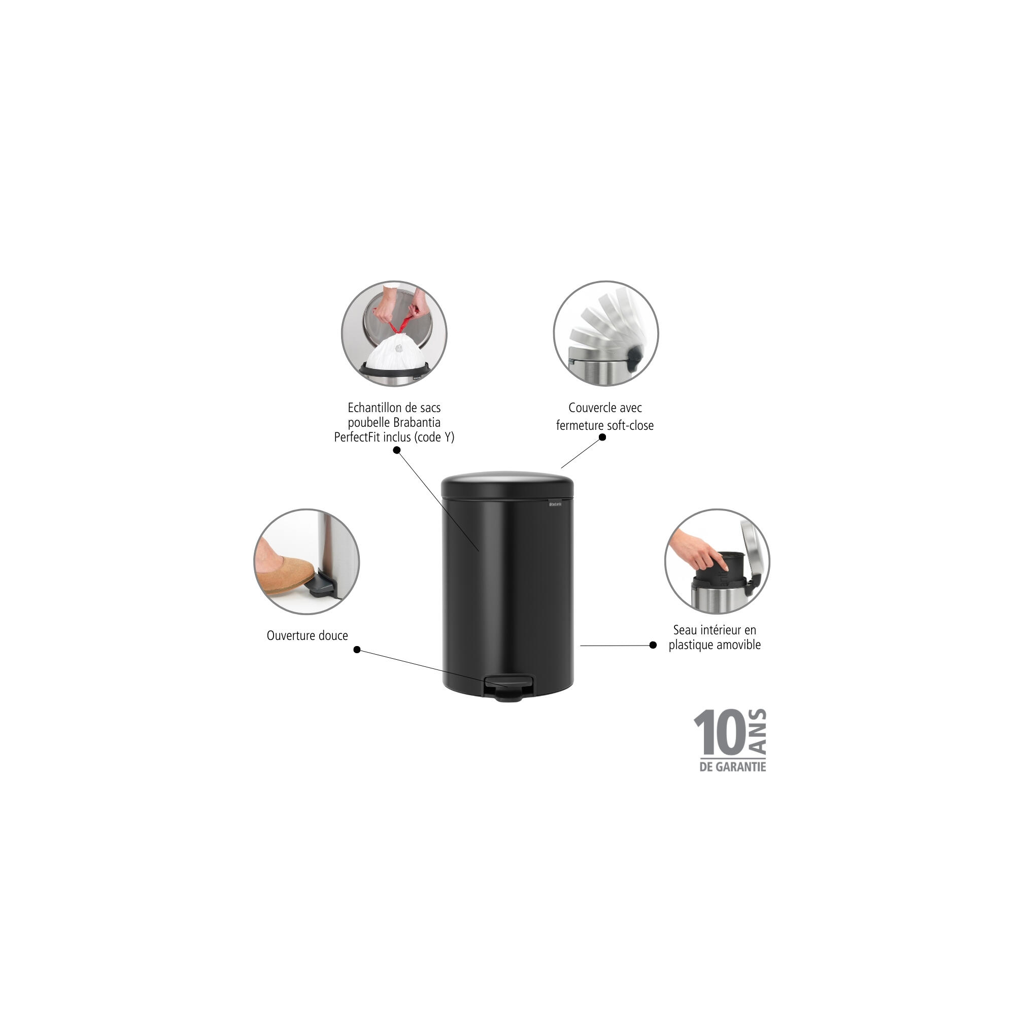 Poubelle de cuisine 20L à pédale BRABANTIA New icon acier noir mat - 5