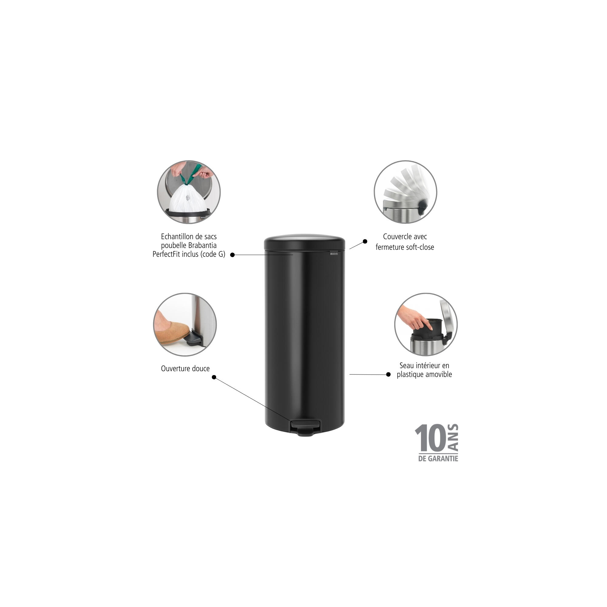 Poubelle de cuisine 30L à pédale BRABANTIA New icon acier inoxydable noir - 8