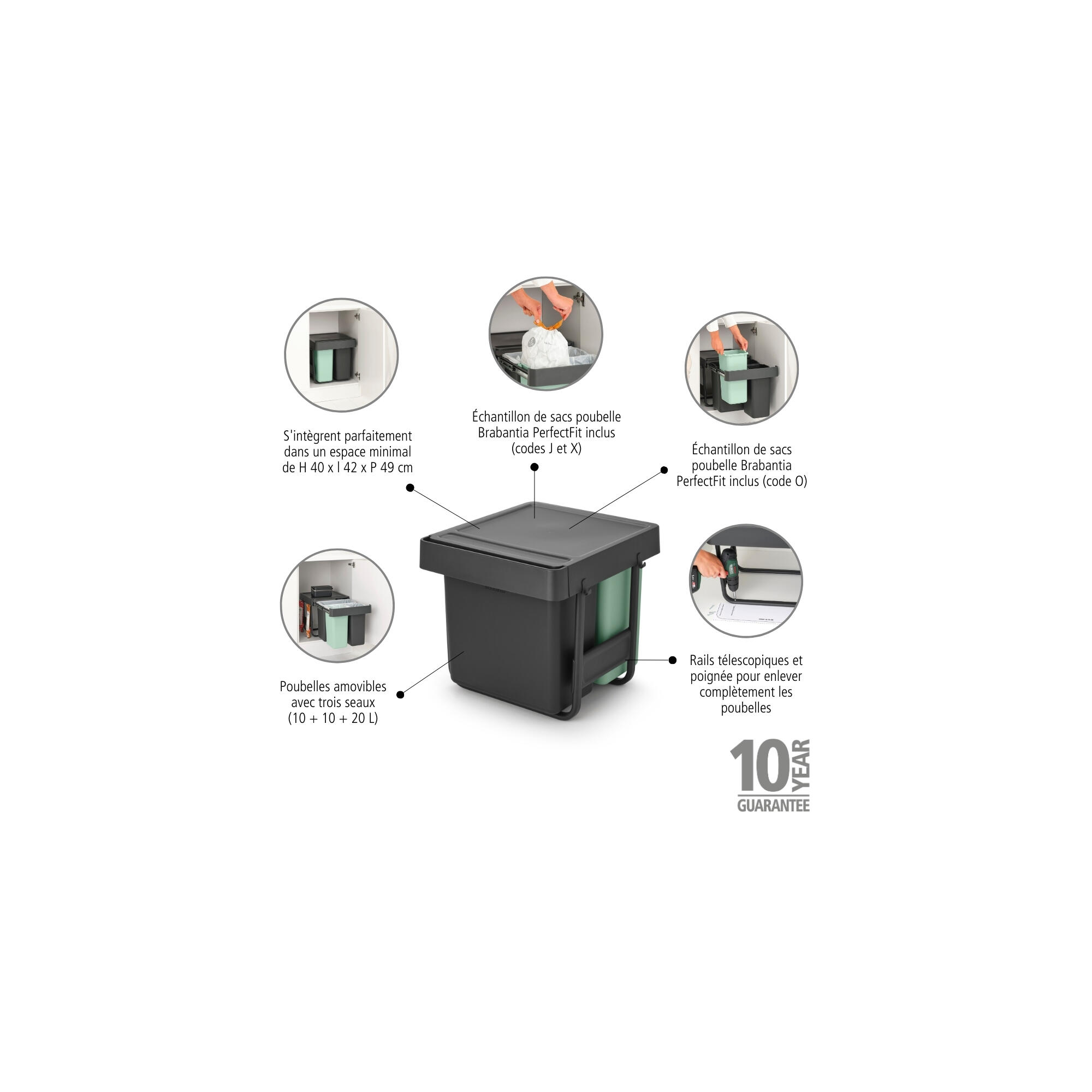 Poubelle coulissante de cuisine 20+10+10L BRABANTIA Sort&go gris - 6