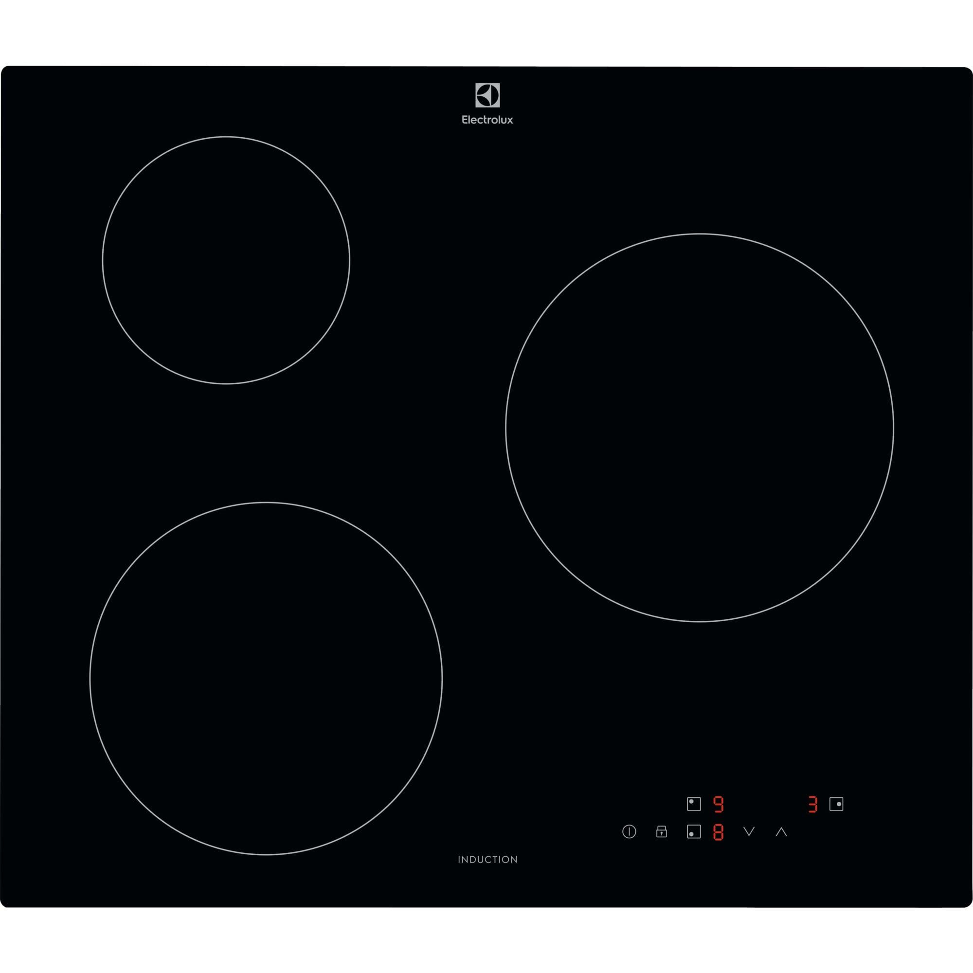 placa de induccion electrolux cib60320ck con 3 zonas de coccion zona grande de 27cm 5800 w negro 60cm