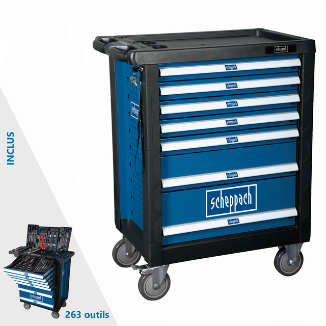 Servante d'atelier avec 263 pièces d'outils SCHEPPACH Tw1000, 7 tiroirs, L.46 cm