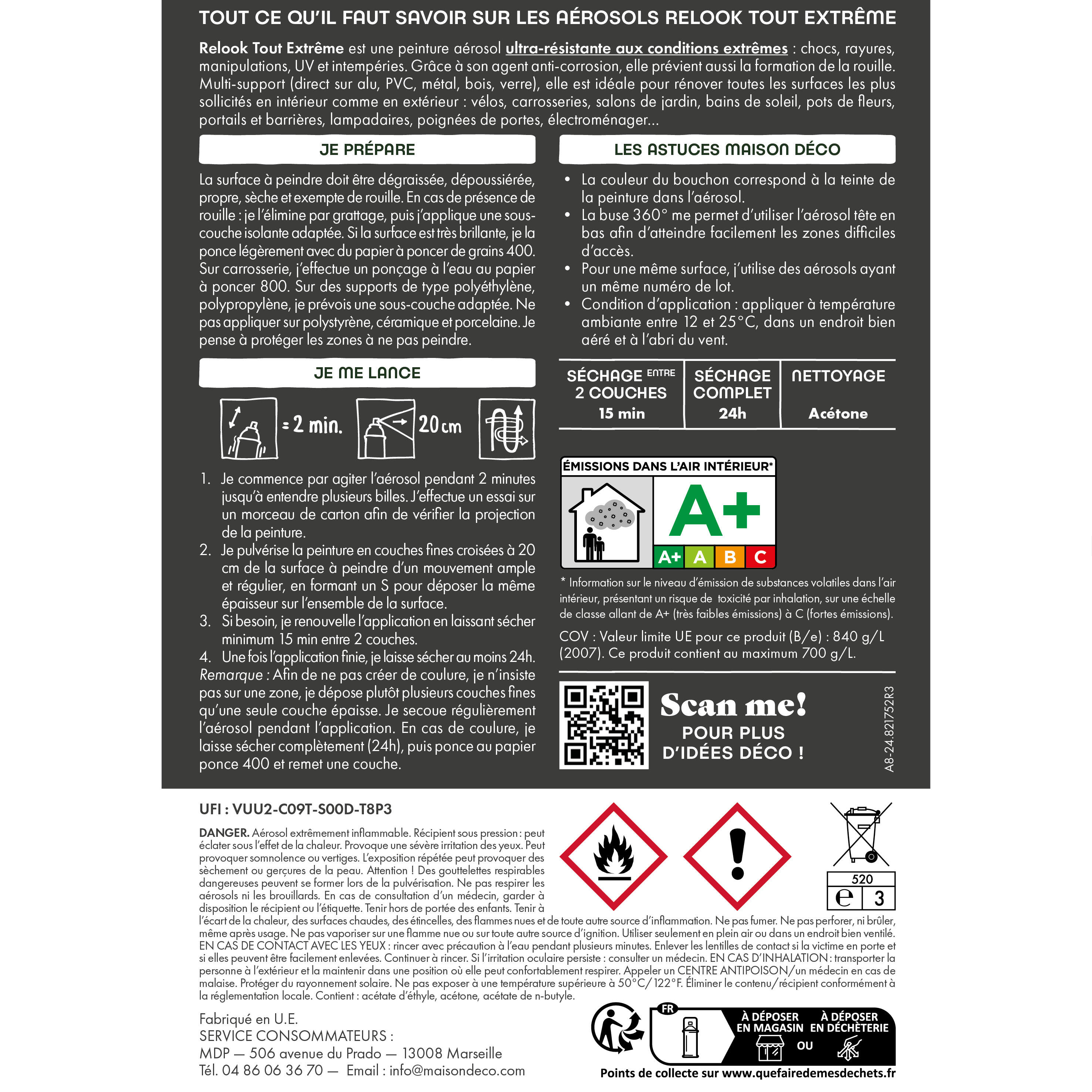 Bombe de peinture Relook tout extrême MAISON DECO noir RAL 9005 satiné 400 ml - 8