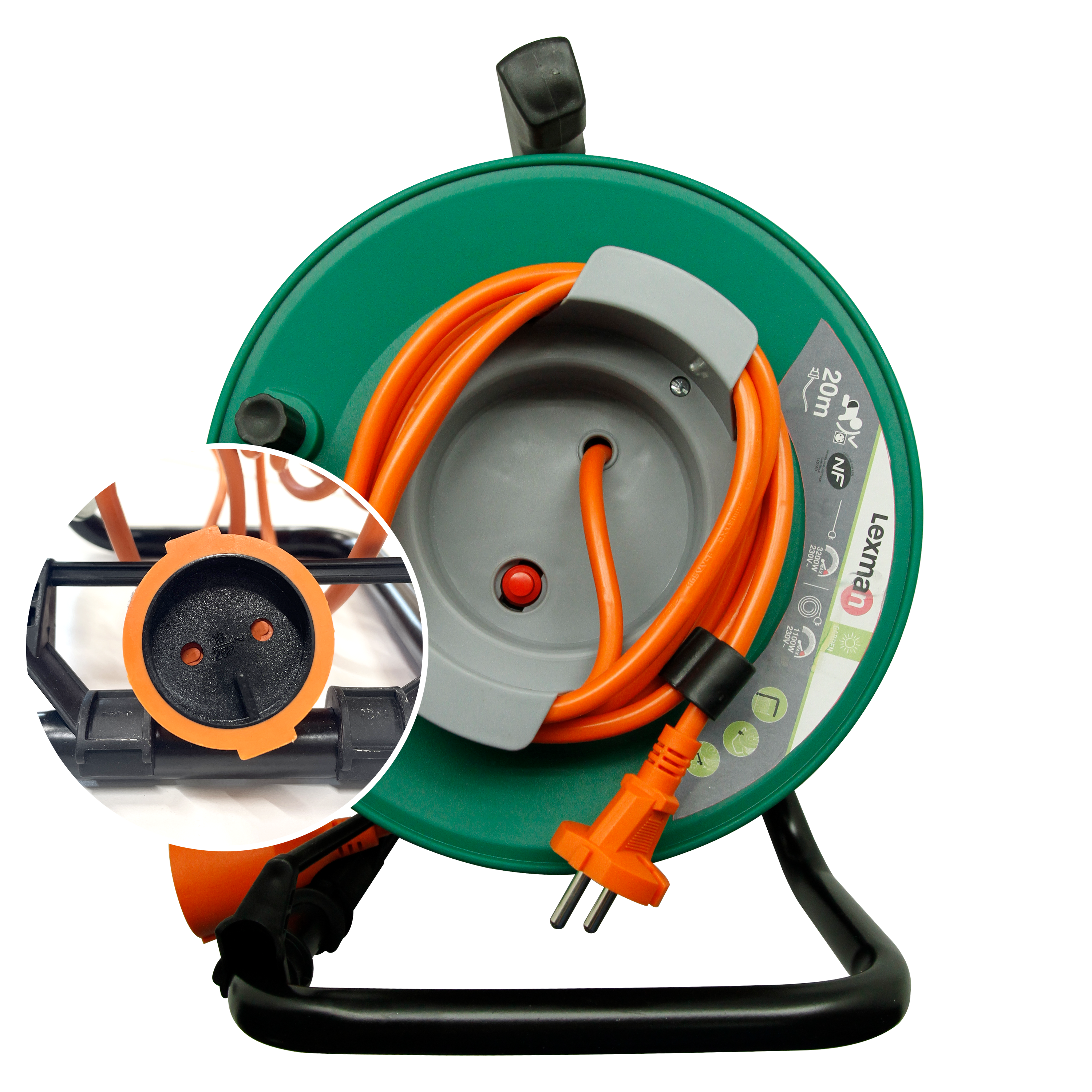 Enrouleur de câble électrique jardin, L.20 m H05VV-F, prise sans terre, LEXMAN - 4