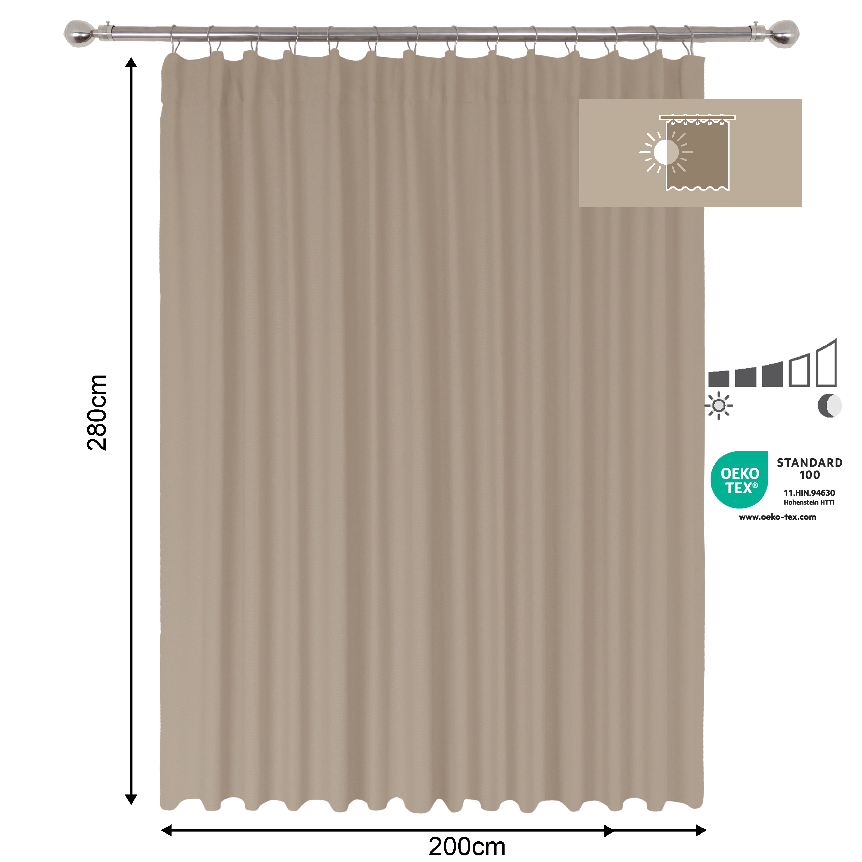 Cortina cinta fruncida, trabillas Kalpe algodón sarga liso beige trench INSPIRE de 200x280cm. Incluye cinta termoadhesiva - 2