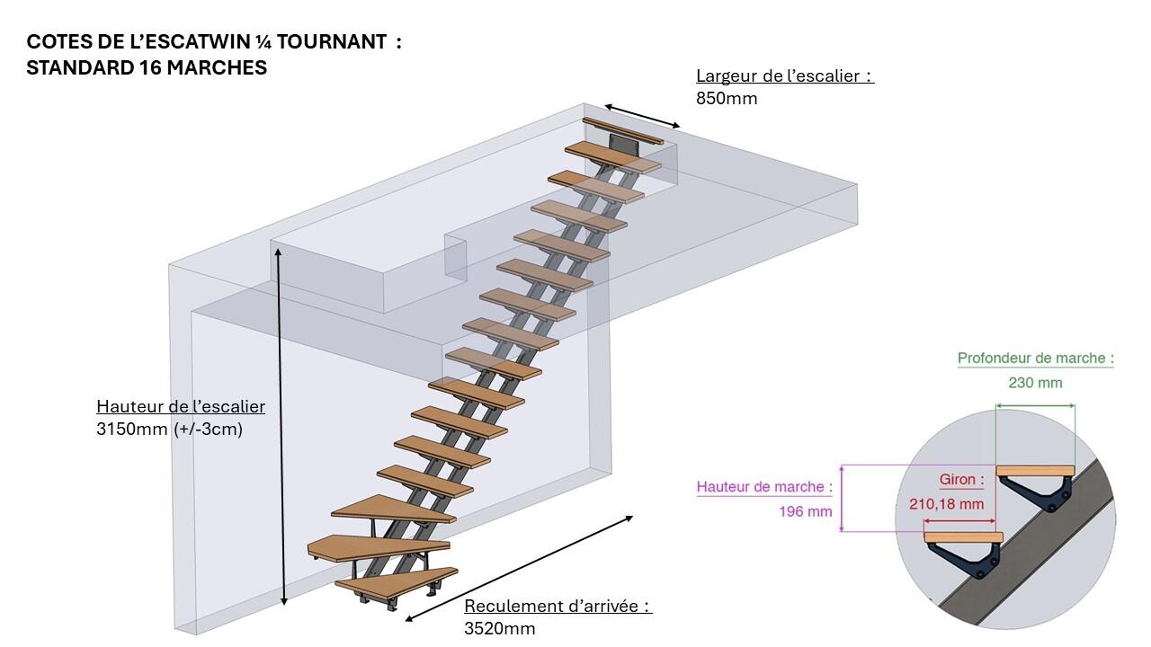 Escalier 1/4 t. bas révers. acier gris anthr. Escatwin 16 mar. hêtre, l.95 cm - 6