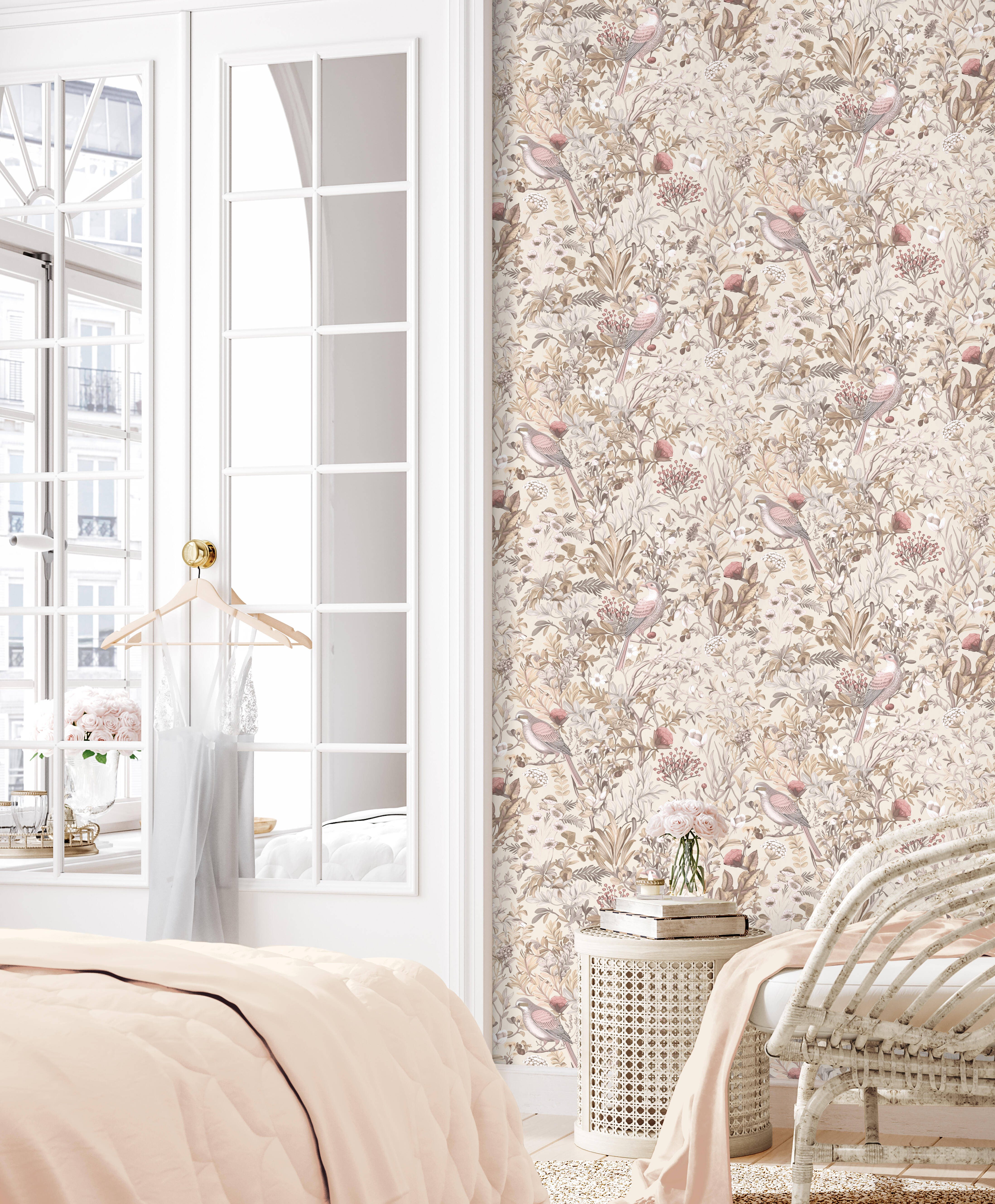 Papier peint intissé Birds of paradise rose et beige - 3