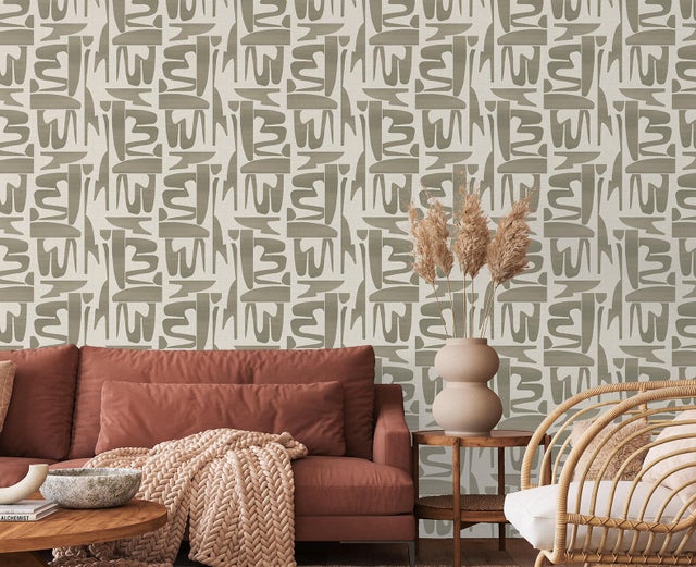 Papier peint intissé Arty crafty vert, kaki et beige