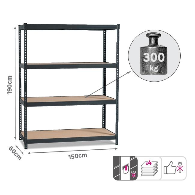 Estante metálica preto 4 prateleiras MDF 150x60x190 cm 300 kg Spaceo - 3