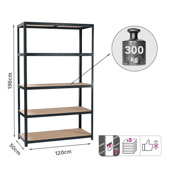 Estante metálica preta com 5 prateleiras de madeira 300 kg 120x50x196 cm Spaceo - 3