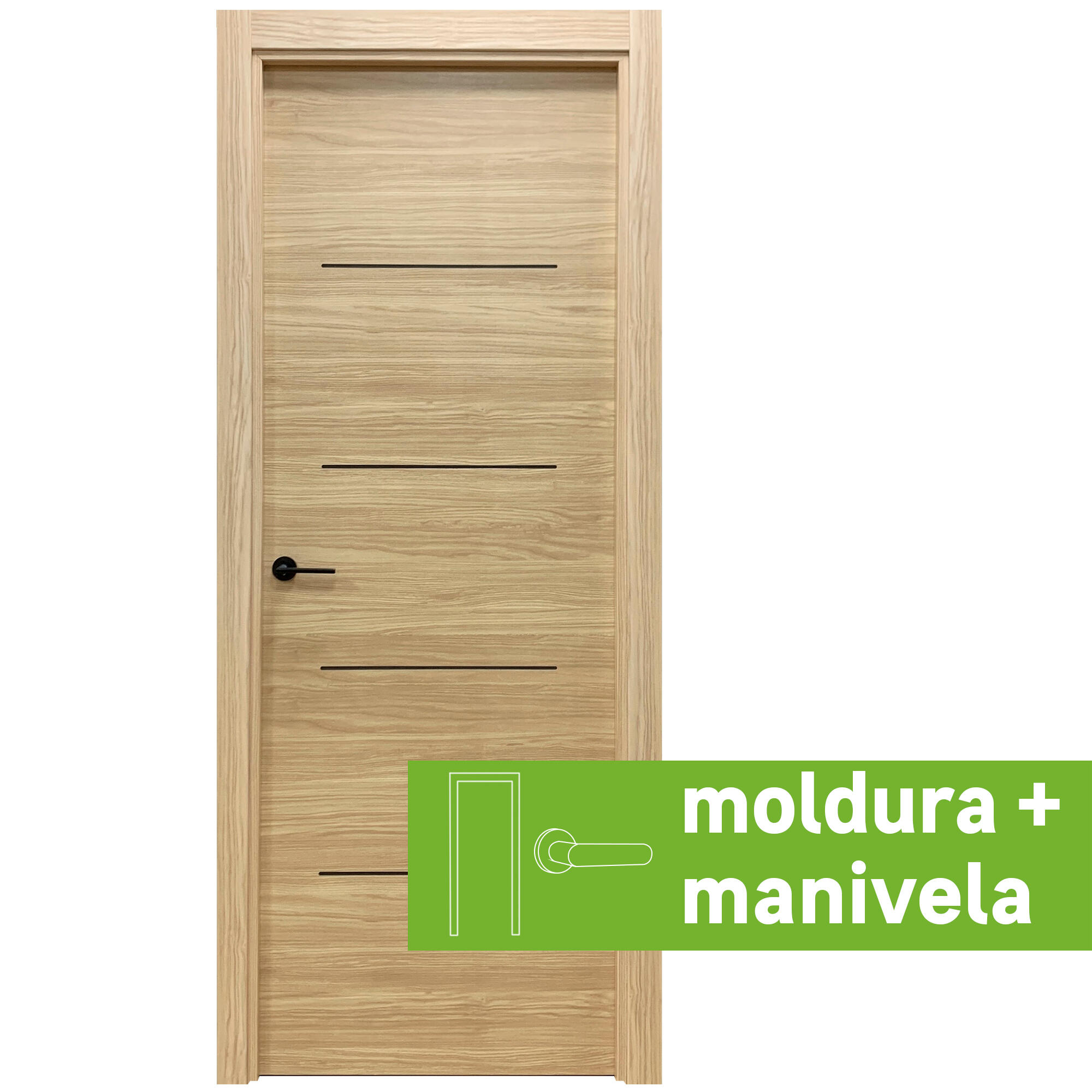 Pack puerta interior maciza sahara roble 62,5 cm derecha + molduras + manivela