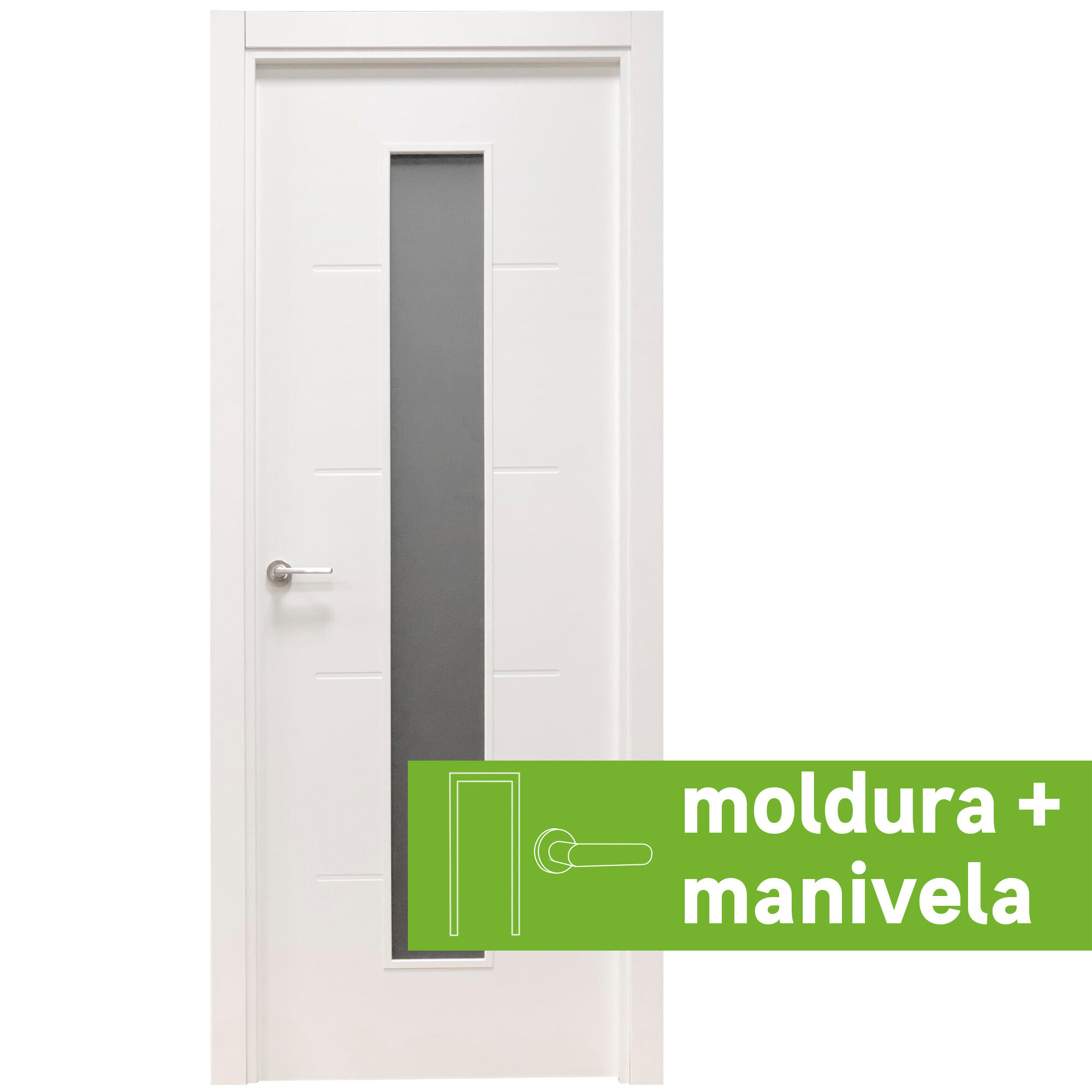 Pack puerta interior maciza vidriera new sahara 72,5 derecha+molduras+manivela (envío gratis)