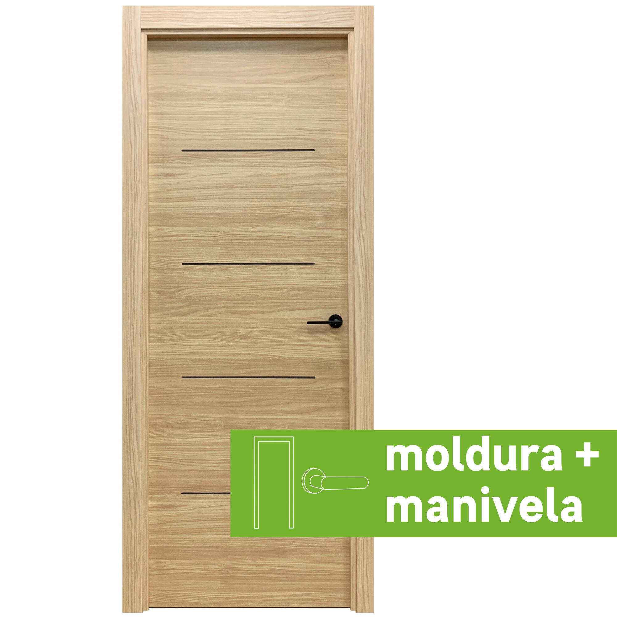 Pack puerta interior maciza sahara roble 62,5 cm izquierda + molduras + manivela
