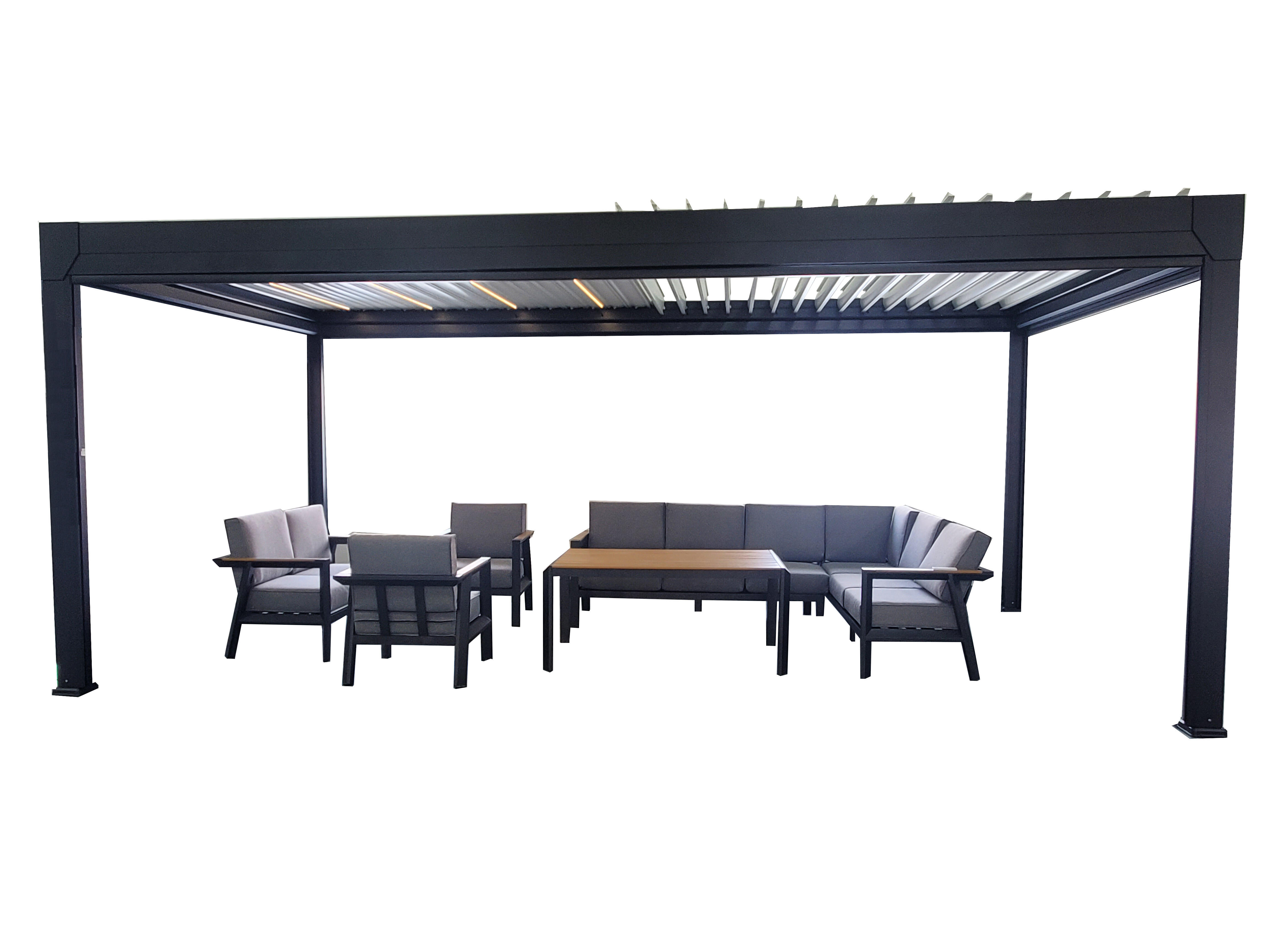 pergola bioclimatica de aluminio green outside menea negro y lama blanca de 595 x 310 x 250 cm motorizada con led