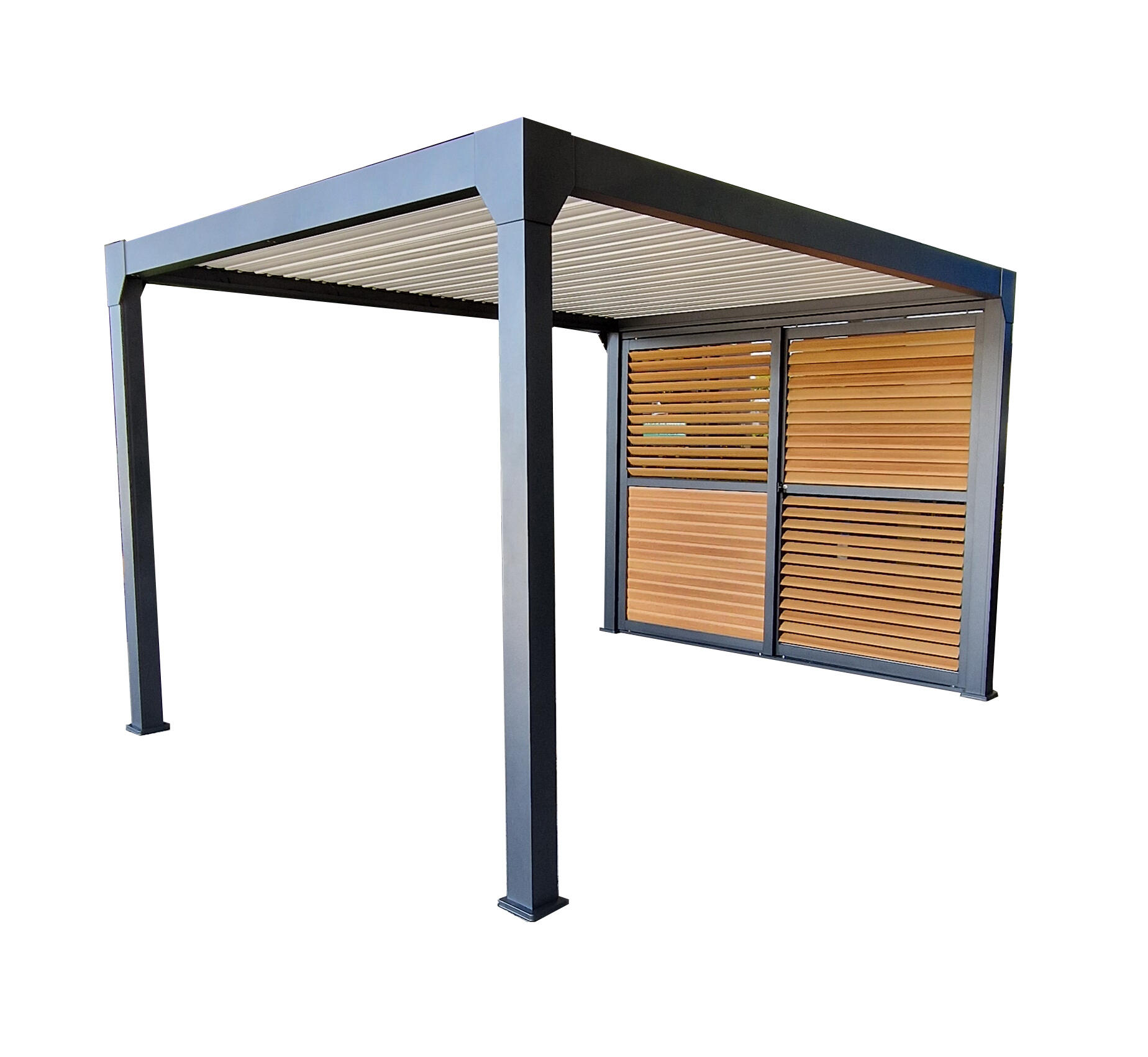 Panneau coulissant GREEN OUTSIDE alu 3m noir+persiennes orientables aspect bois - 2