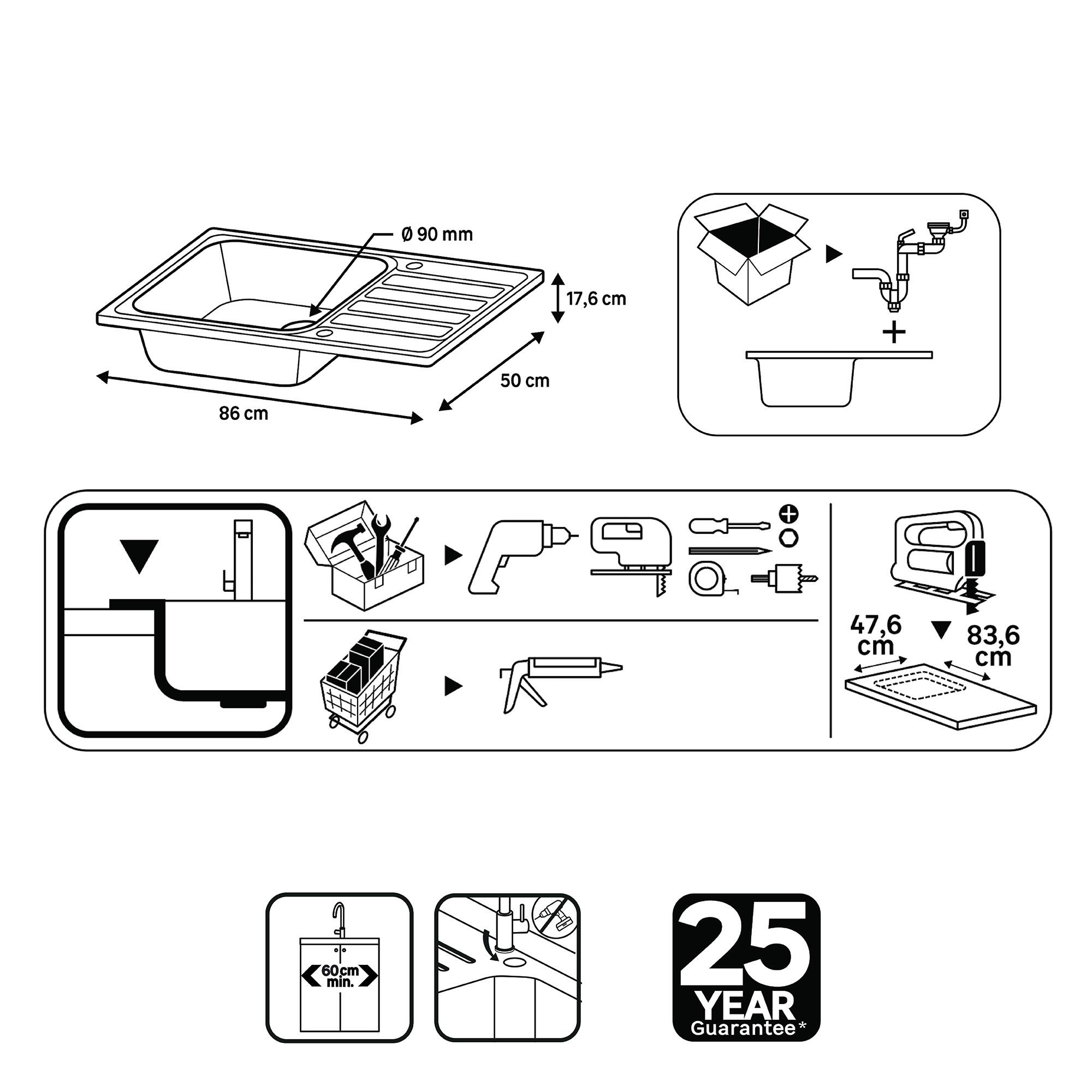 Evier à encastrer, 1 bac avec égouttoir, HURON Inox micro structuré - 8