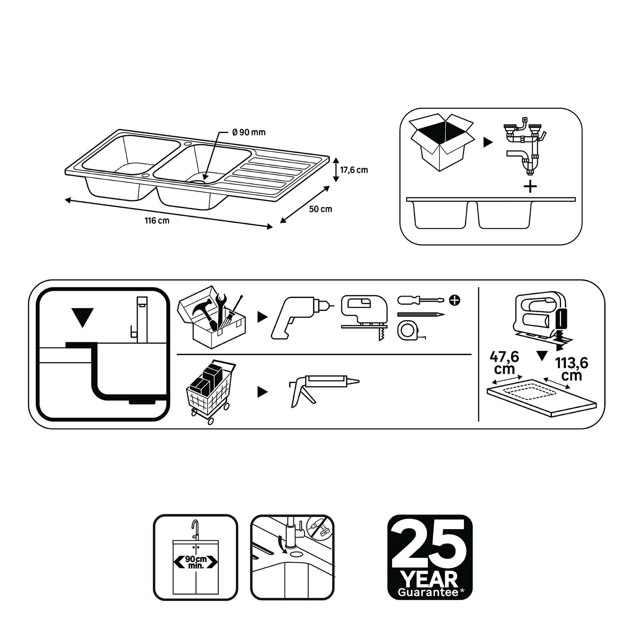 Evier à encastrer 2 bacs avec égouttoir, ESSENTIEL, Inox anti-rayures - 5