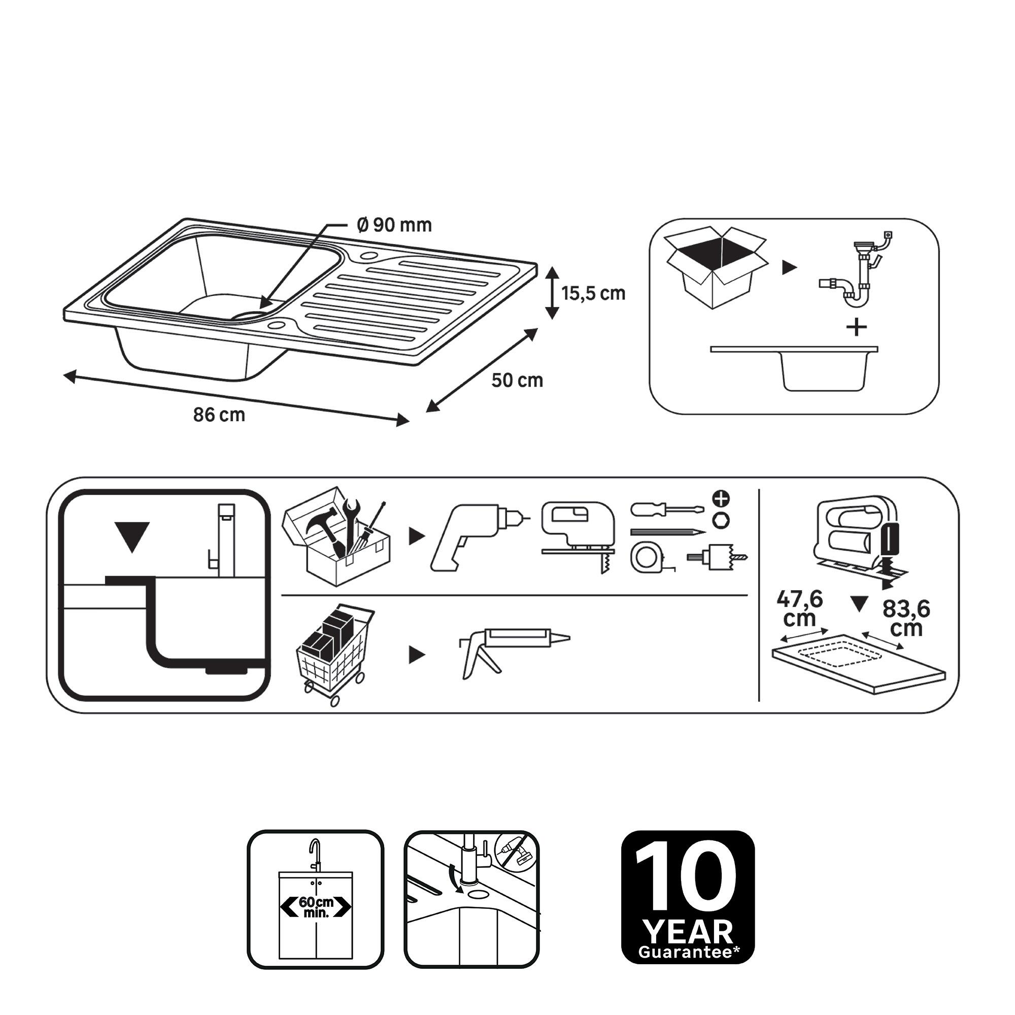 Evier à encastrer 1 bac avec égouttoir, ESSENTIEL, Inox anti-rayures - 5