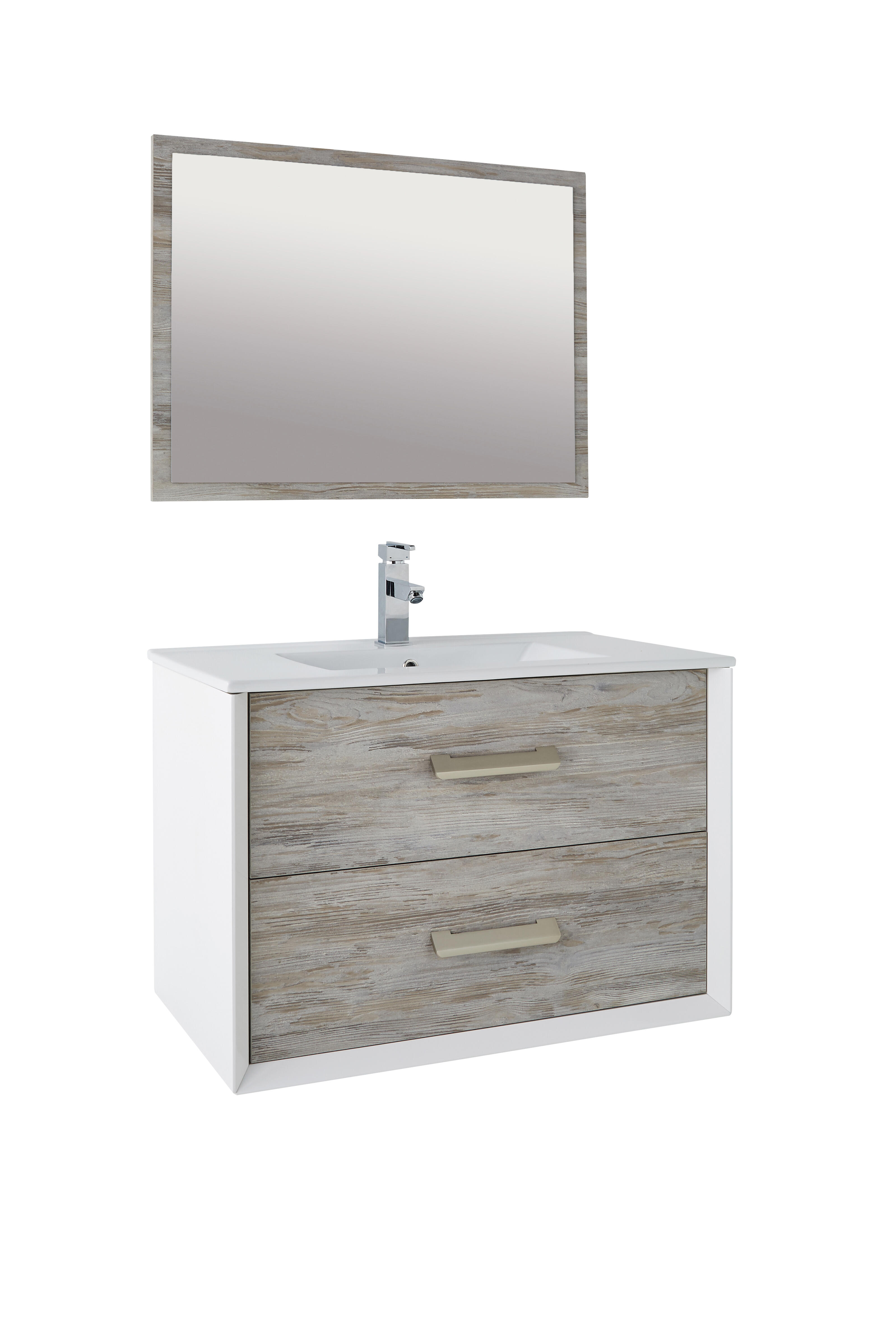 Meuble sous vasque suspendu 2 tiroirs décor chêne vieilli l.81 x P.46,70 x H.48 cm - ATLANTIC - 2