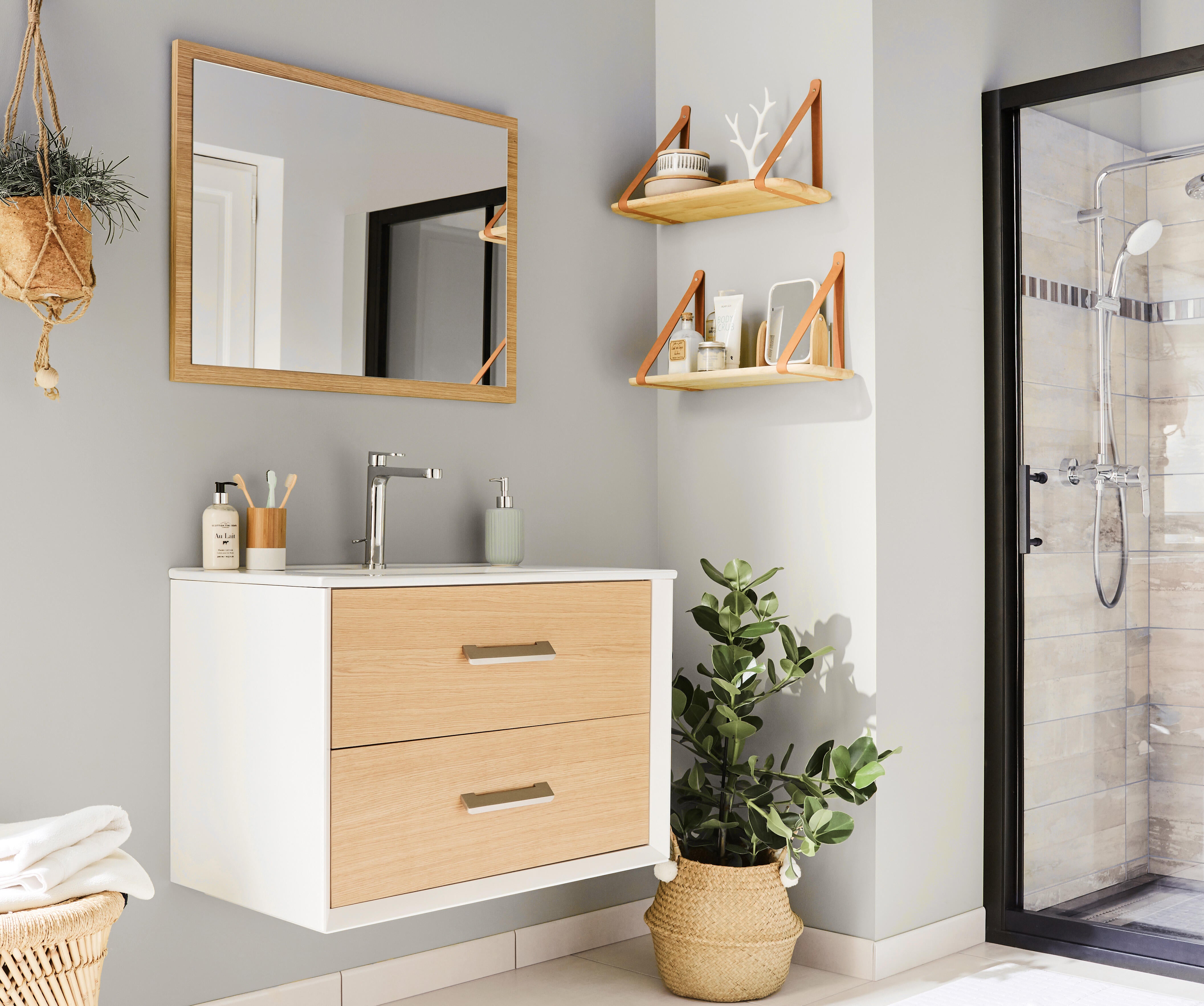 Meuble sous vasque suspendu 2 tiroirs décor chêne vieilli l.81 x P.46,70 x H.48 cm - ATLANTIC - 3