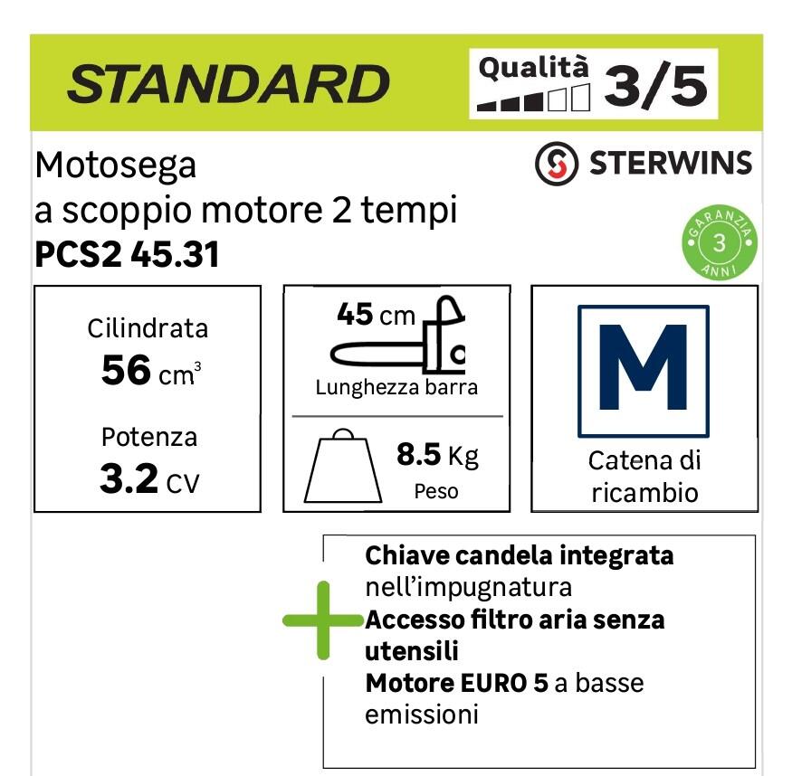 Motosega a scoppio 2 tempi STERWINS PCS2-45ES.4, 56 cc barra da 45 cm - 14