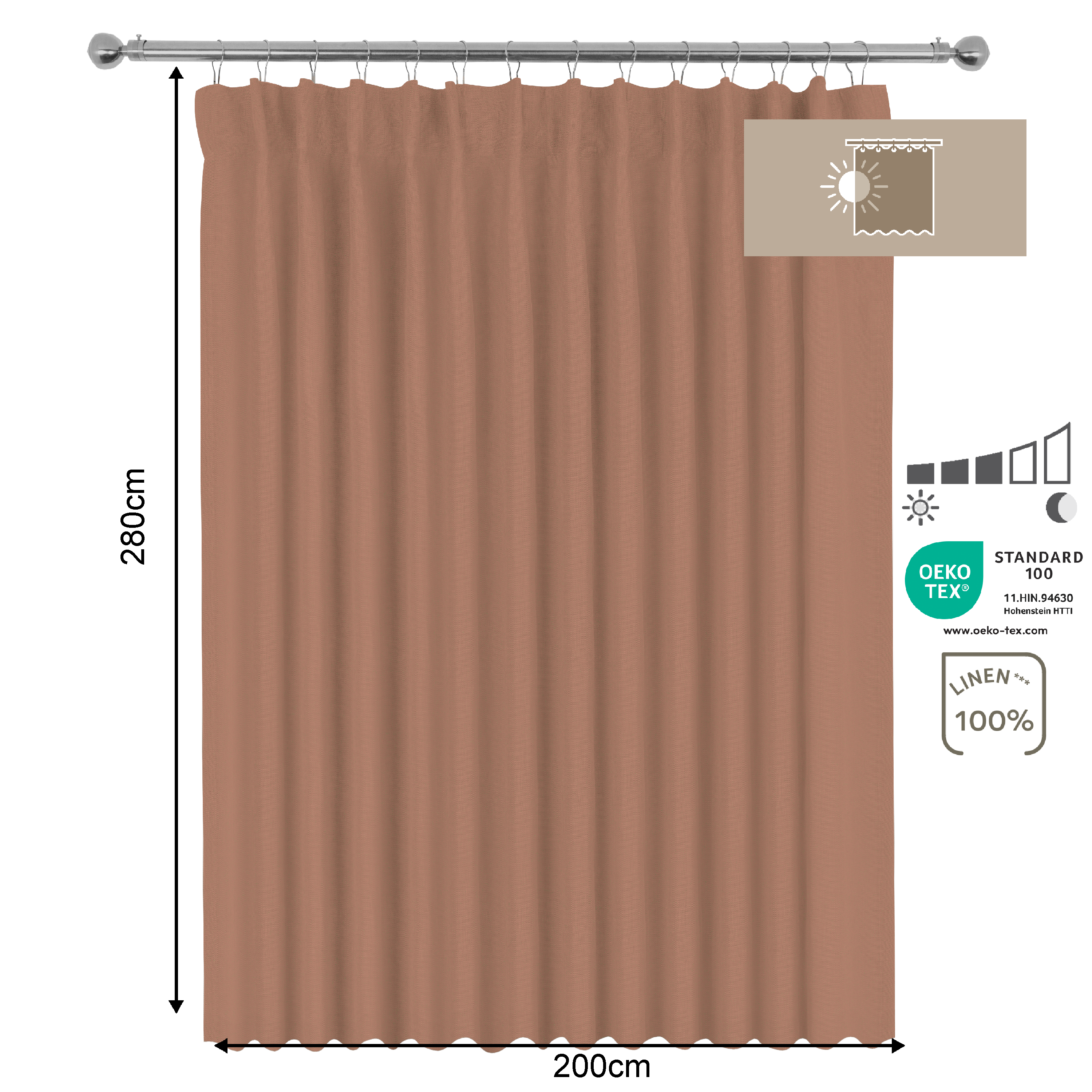 Set 2 Cortinas cinta frunce, trabilla oculta Lenaya 100% lino INSPIRE de 200x280cm. Incluye cinta termoadhesiva liso marrón cotta - 2