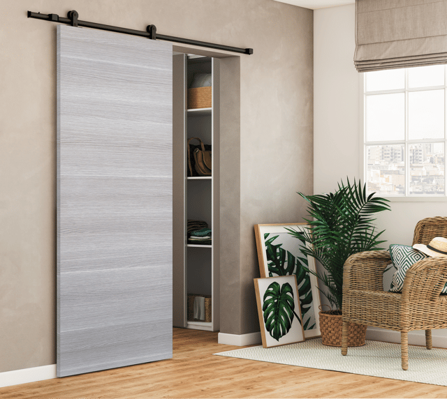 Porta scorrevole Corn in mdf grigio, L 92.5 x H 211.5 cm, con binario Loft nero Reversibile
