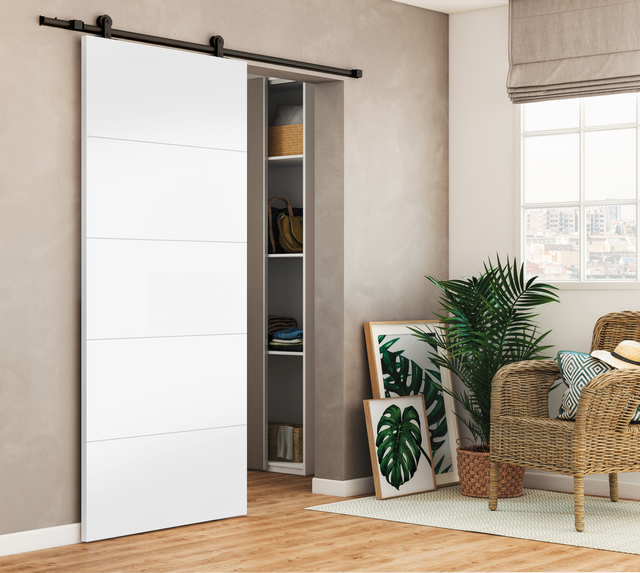 Porta scorrevole reversibile Dione in mdf bianco, L 92.5 x H 211.5 cm, con binario Loft nero