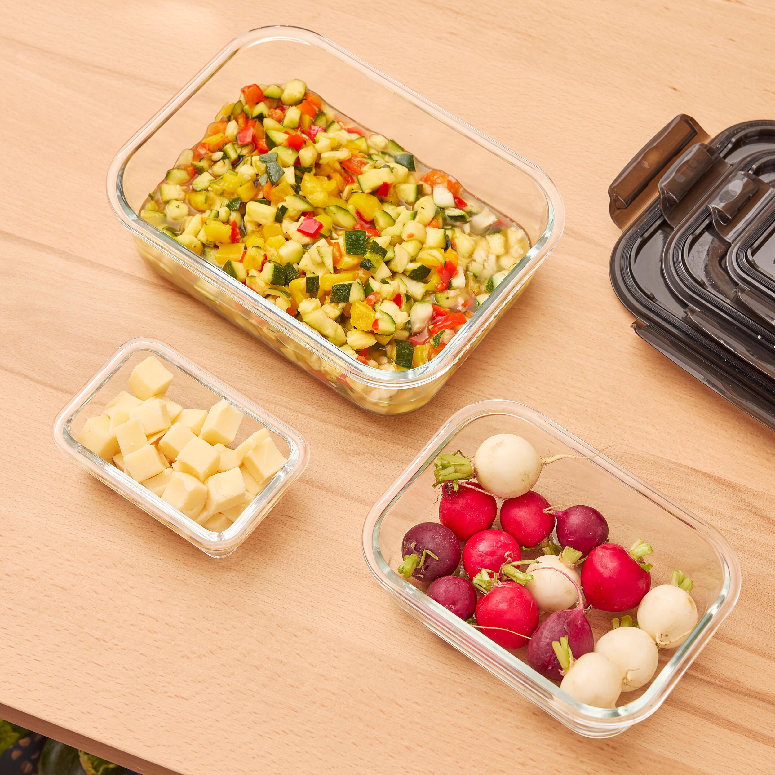 Set de 3 boîtes hermétiques en verre DELINIA, couvercles noir - 2