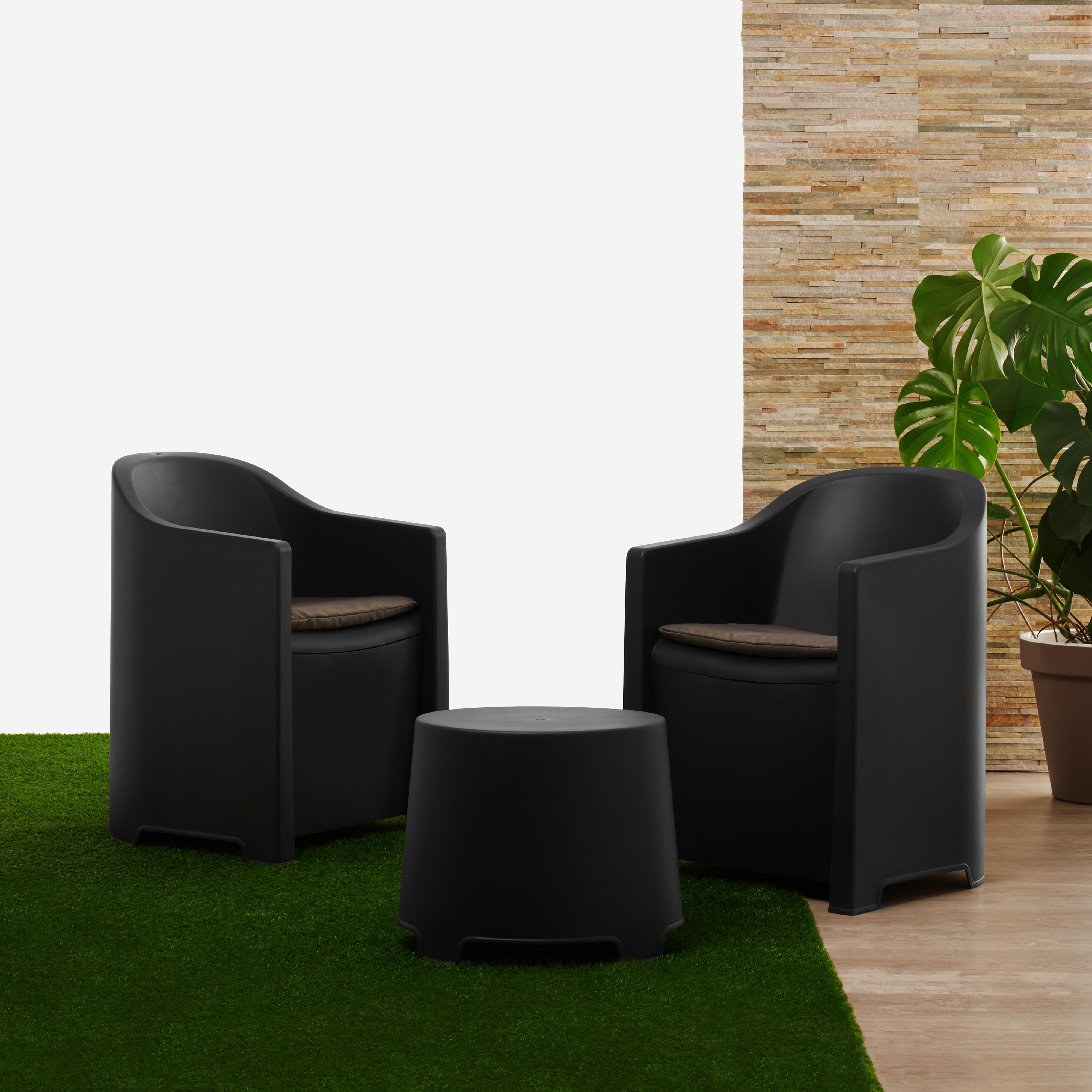 Salotto da giardino per 2 persone nero Luna con cuscini in poliestere grigio - 3