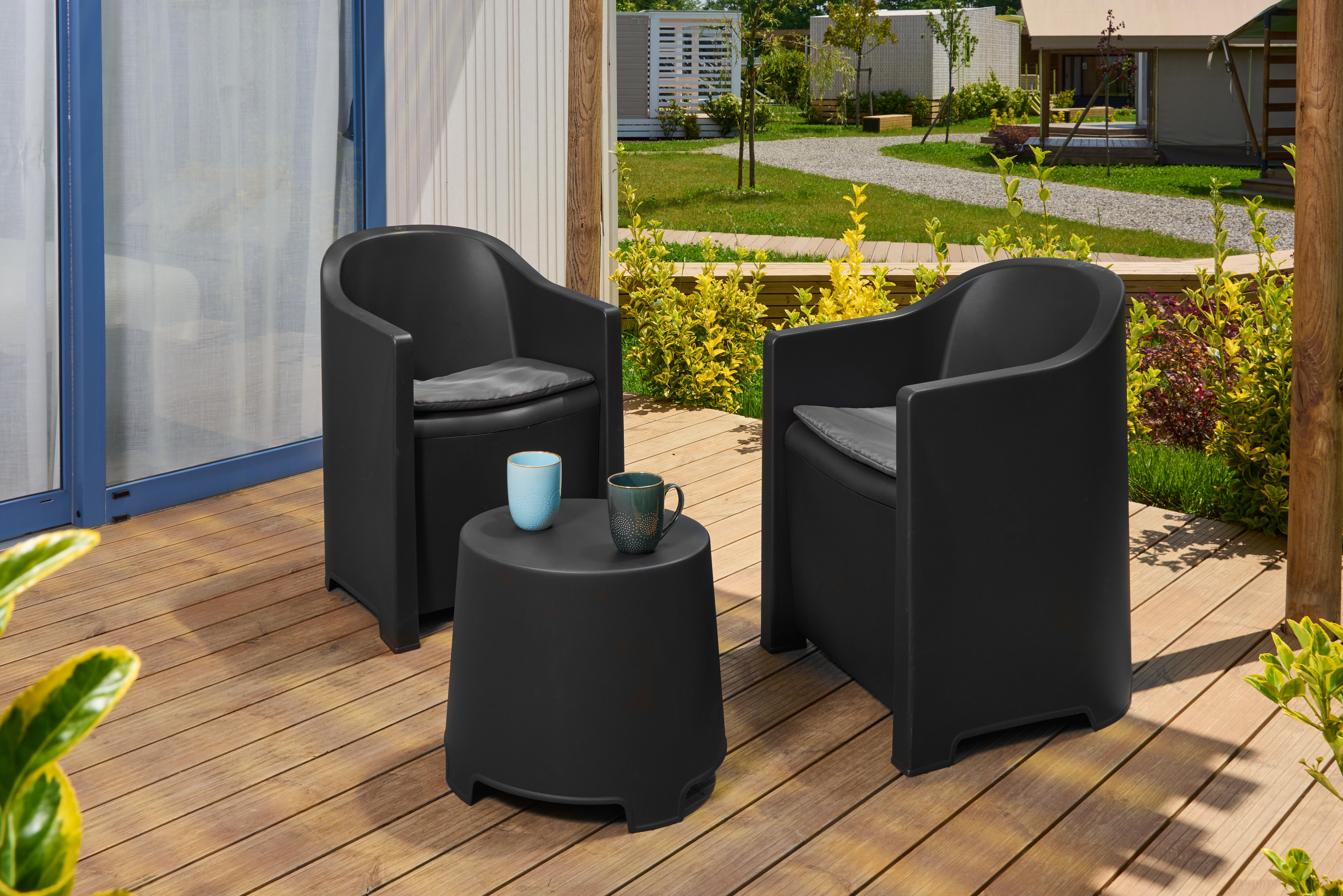 Salotto da giardino per 2 persone nero Luna con cuscini in poliestere grigio - 2