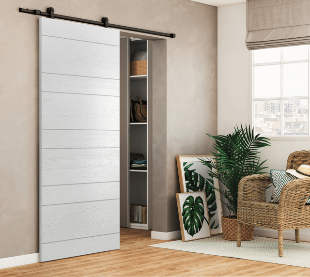 Porta scorrevole Ropes in mdf bianco, L 93 x H 212 cm, con binario Loft nero Reversibile