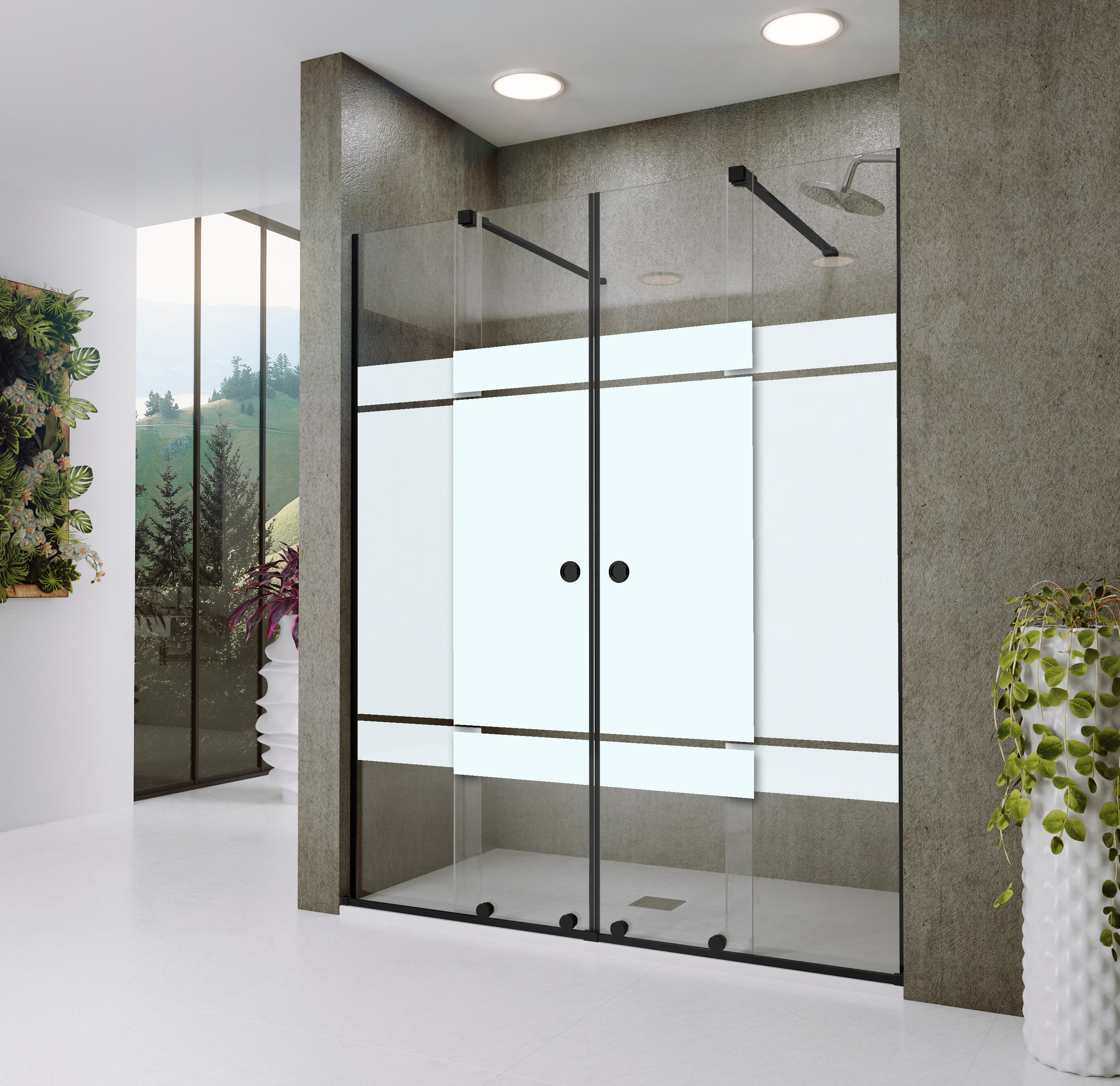 Mampara de ducha frontal corredera serigrafiada amea perfil negro (190.1-200)x200 cm