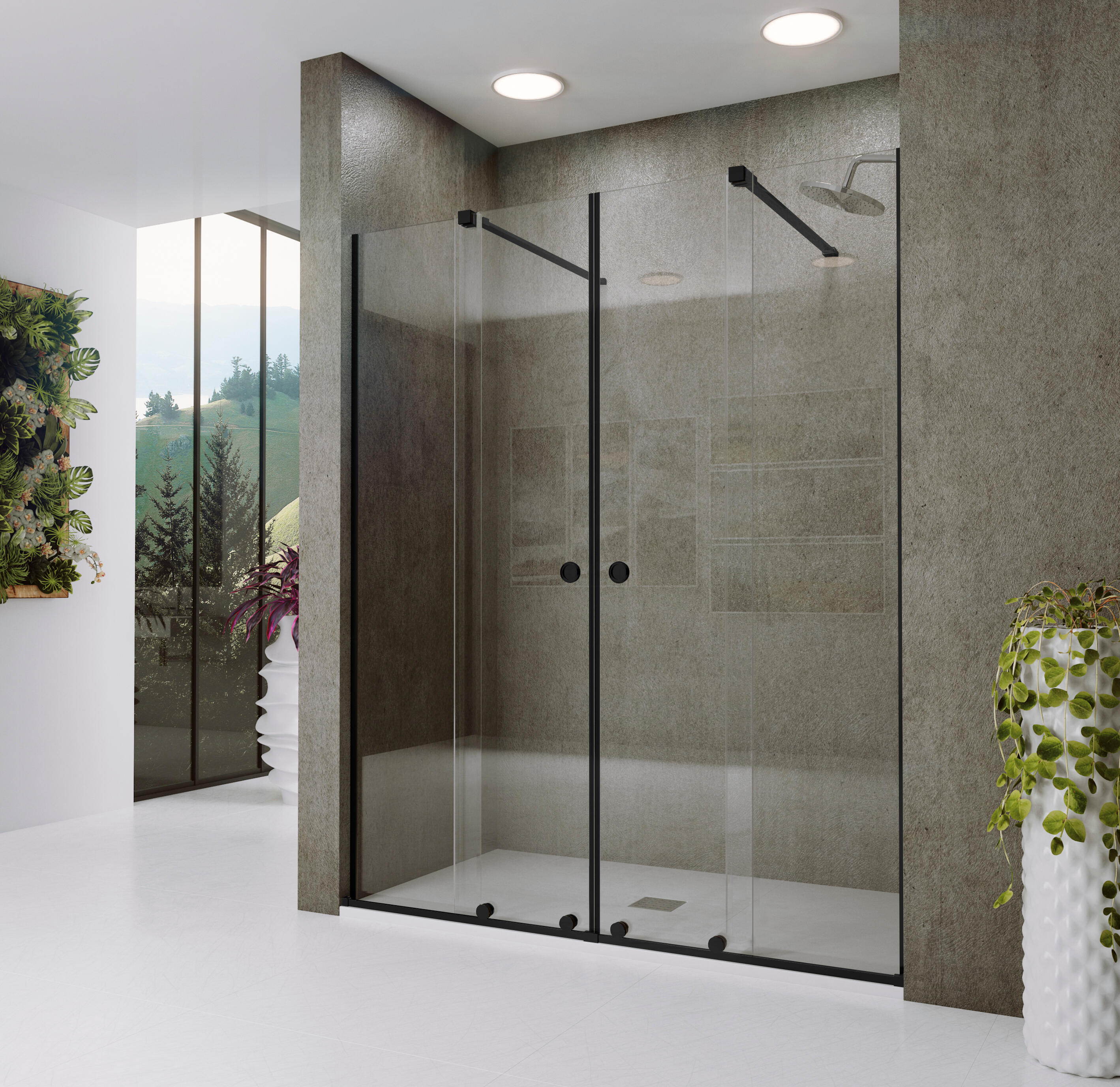 Mampara de ducha frontal 2 fijos + 2 puertas corredera transparente amea perfil acero inoxidable negro (171-180)x200 cm cristal 8mm cierre magnético con guía inferior marca glassinox