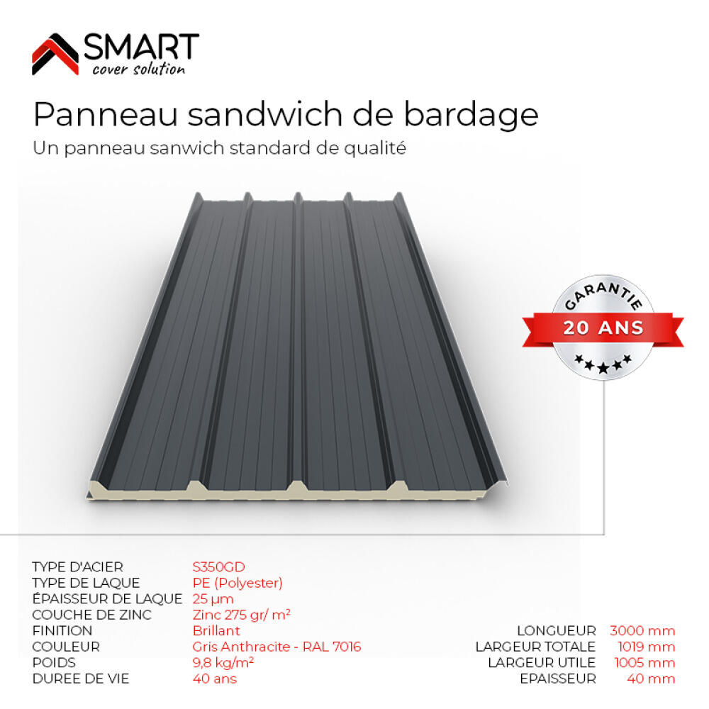 Panneau sandwich de toit RAL7016 3x1M Ep.40mm - 2