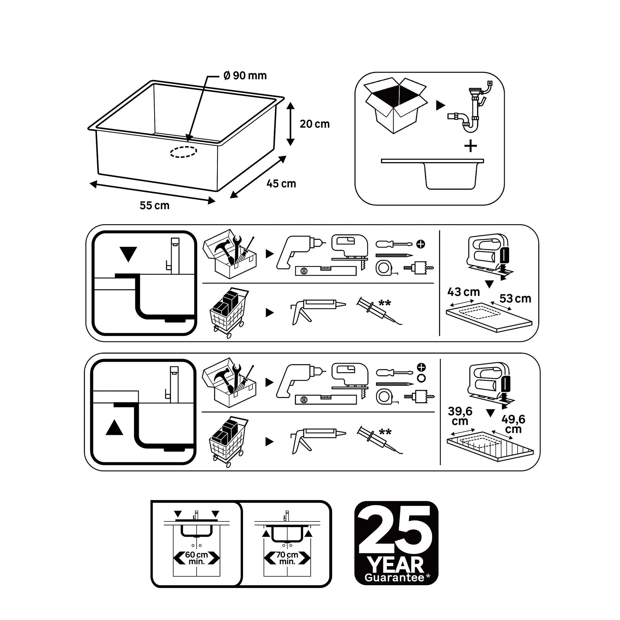 Lava-louça 1 cuba sem escorredor 55 x 45 x 20 cm prateado aço inoxidável Delinia Michigan - 6