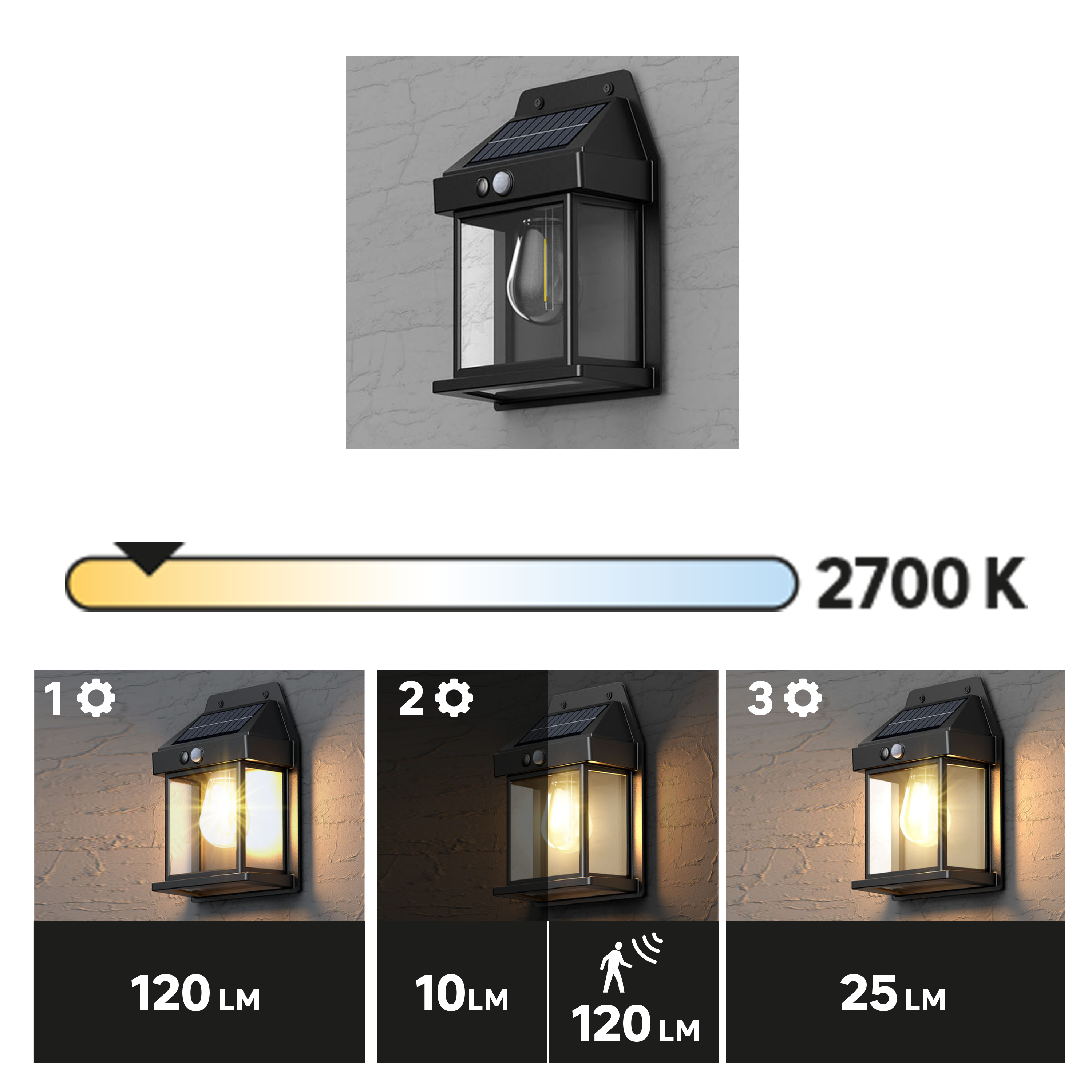 Lot de 2 appliques solaires à détection 100 lumens blanc chaud, noir - 12