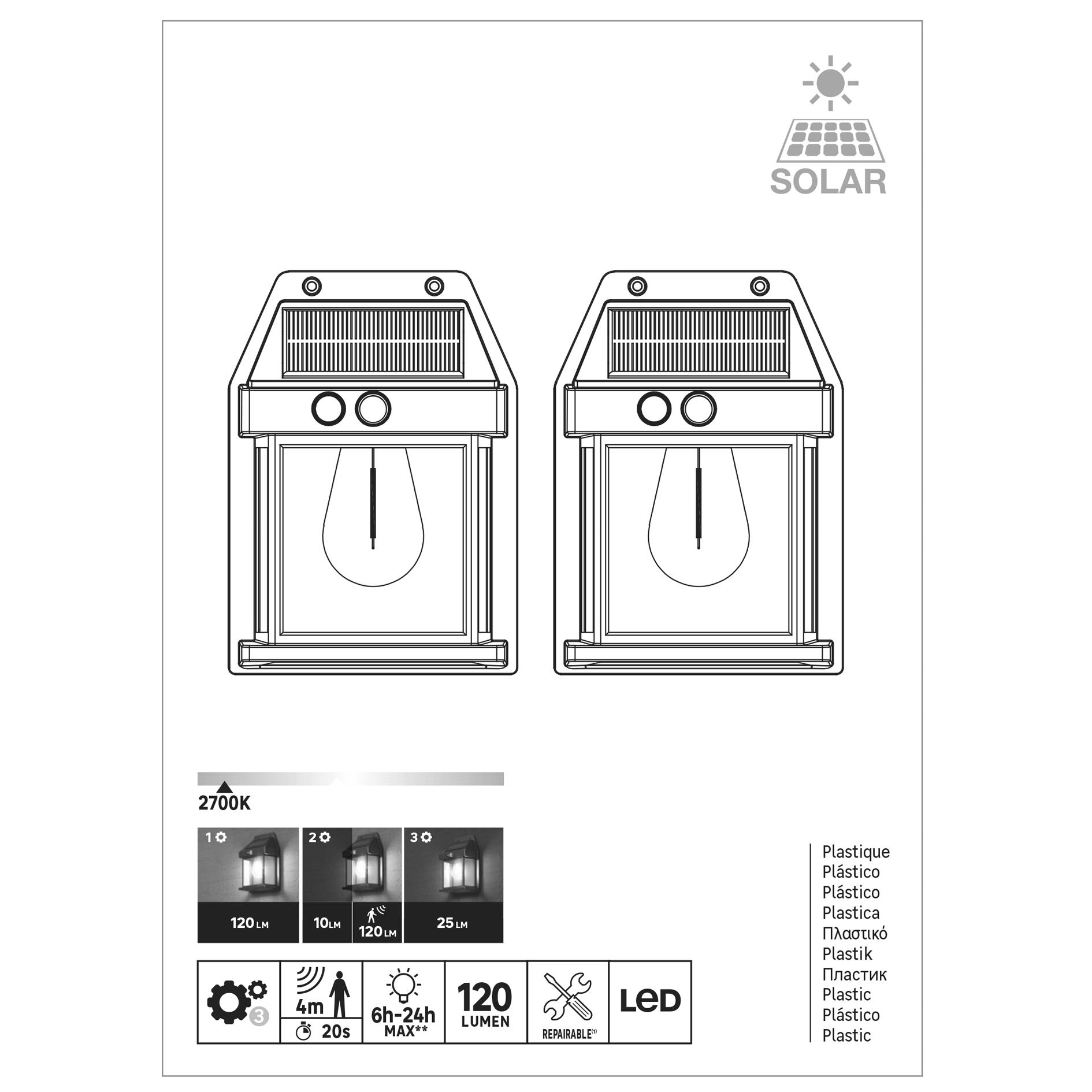 Kit 2 candeeiros de parede solar 100lm IP44 6,25x18,5 cm preto - 11
