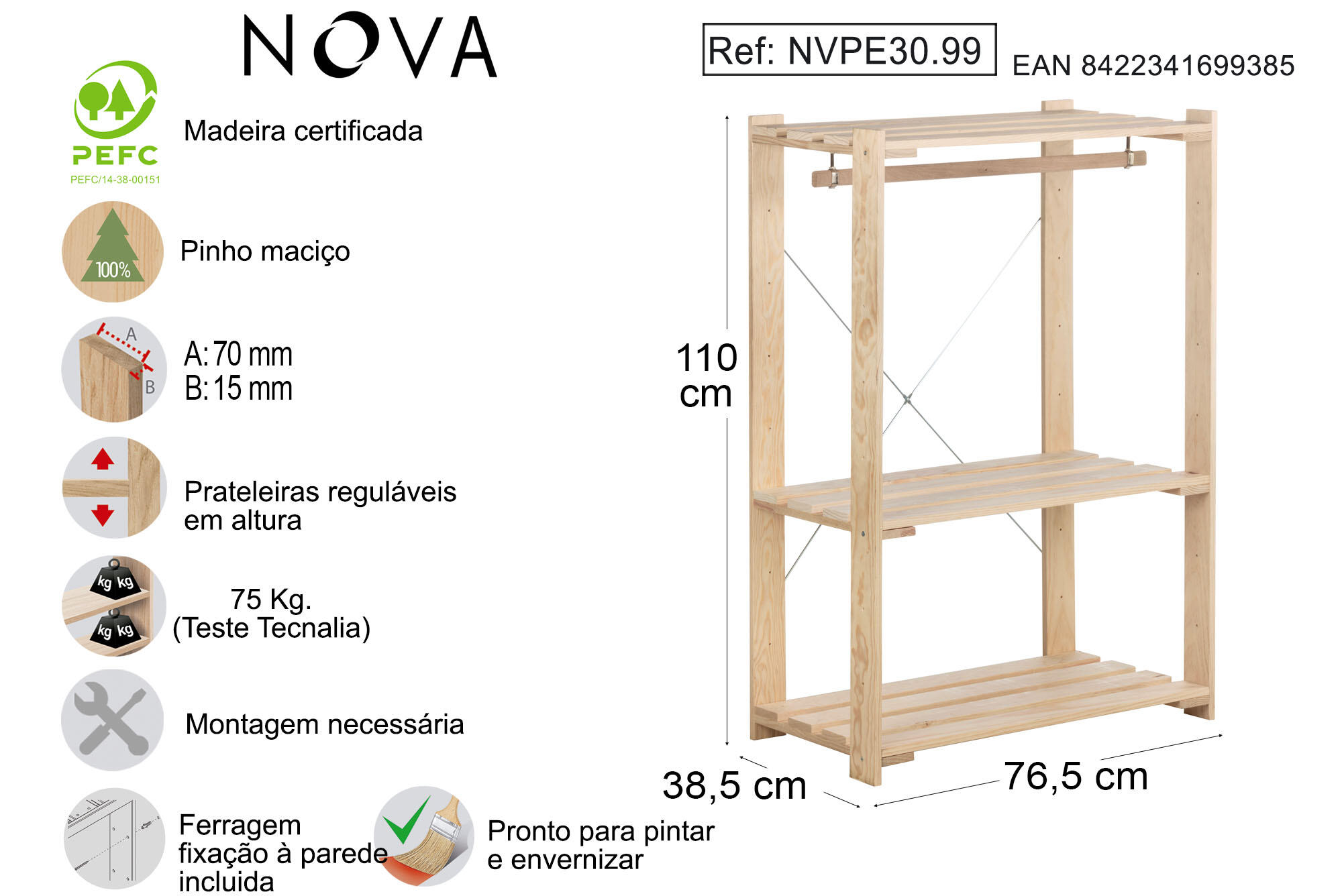 Roupeiro aberto baixo madeira natural 76,5x110x38,5 cm Astigarraga - 5