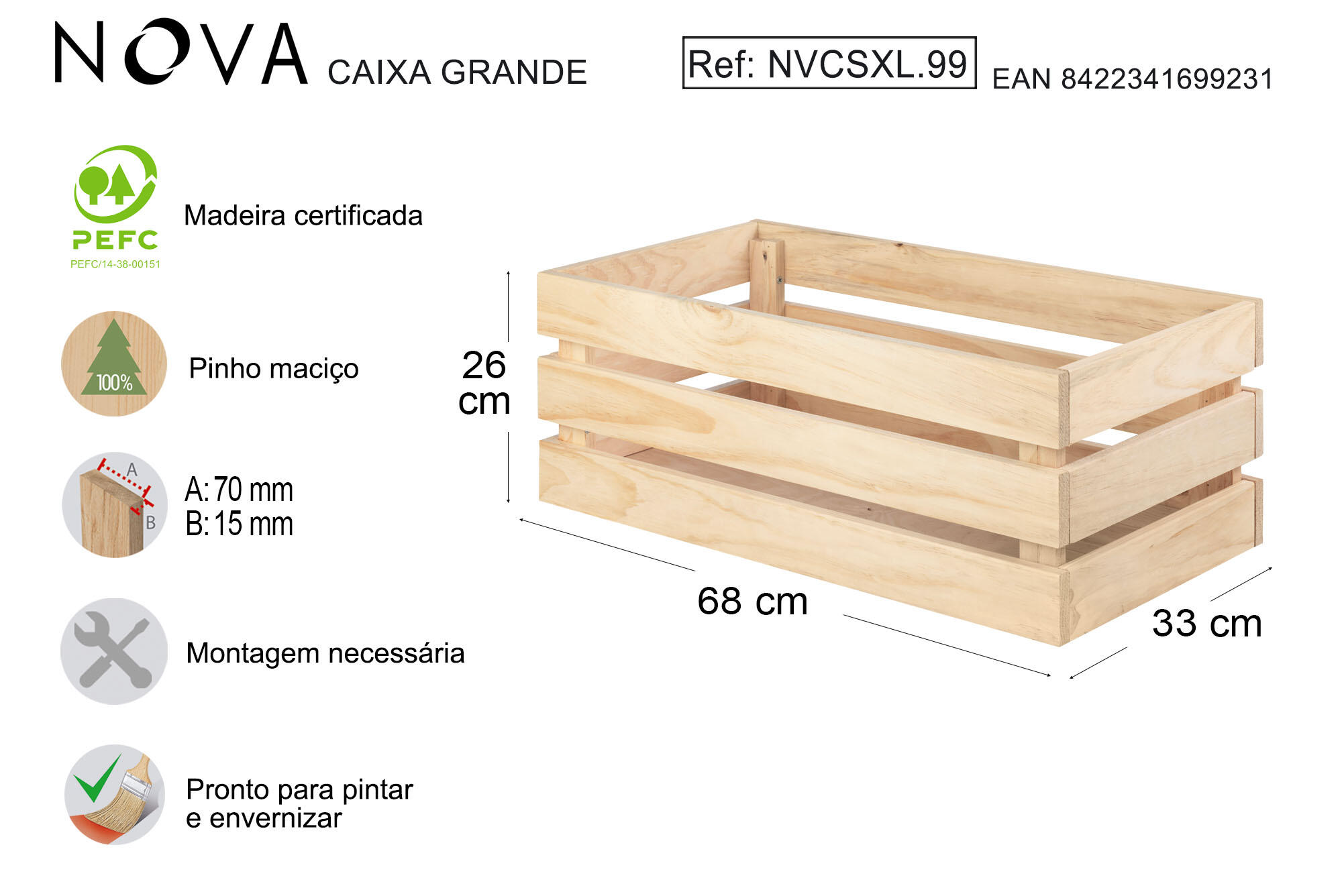 Caixa 26x68x33 cm madeira Nova - 5