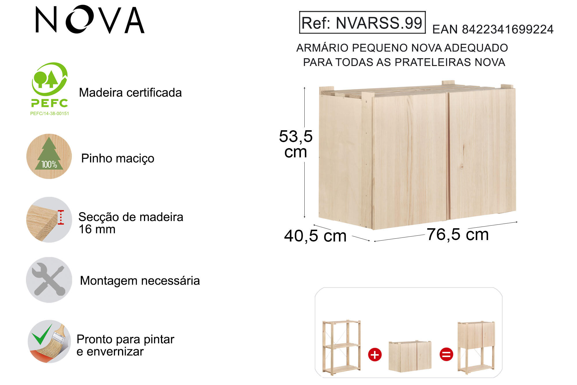 Armário 53,5x76,5x40,5 cm carvalho pequeno Nova - 6