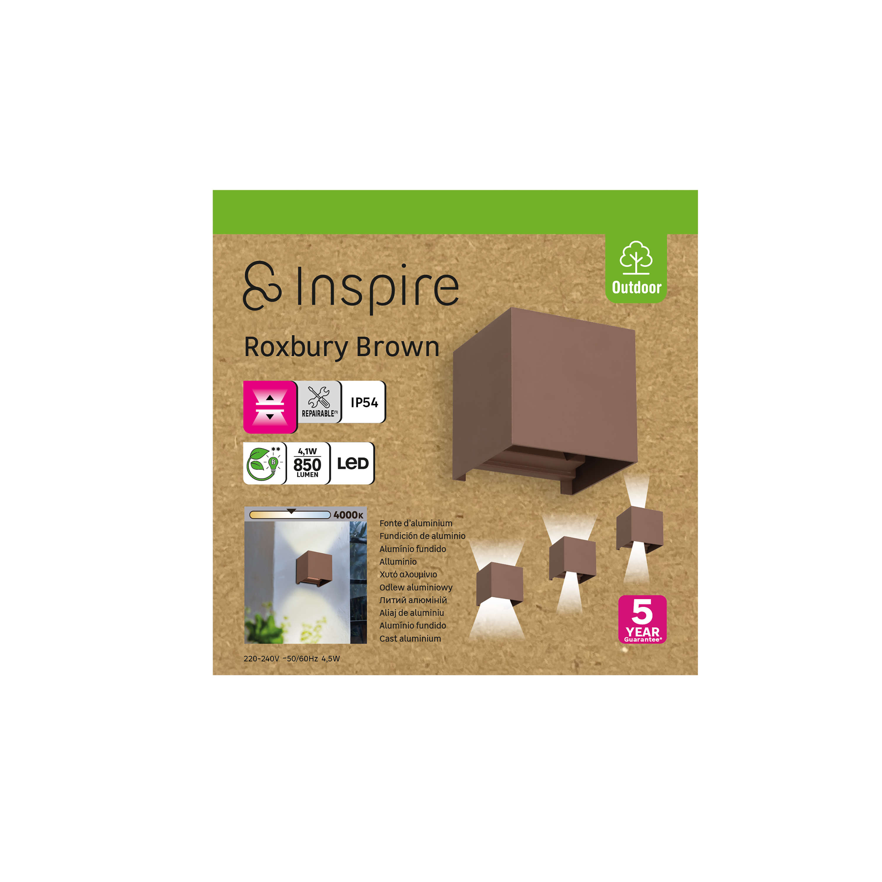 Applique LED da esterno Roxbury doppia luce marrone IP54, luce bianco naturale 850 lumen, INSPIRE - 12