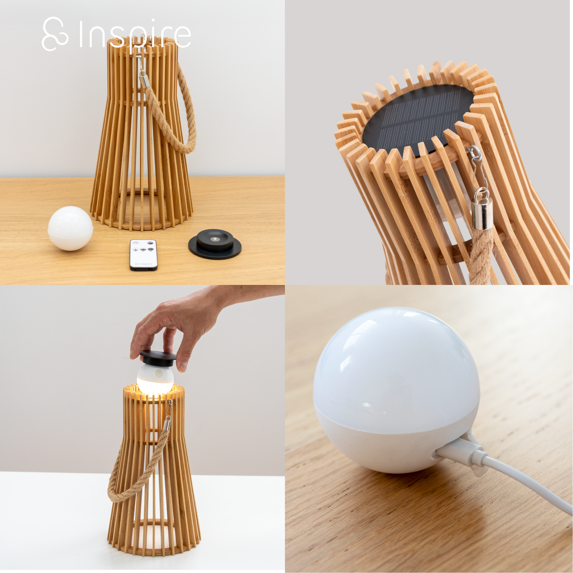 Lámpara de mesa solar sin cables de bambú exterior marrón luz LED intensidad regulable INSPIRE Okinawa 29 IP54 y 6hrs autonomía - 4