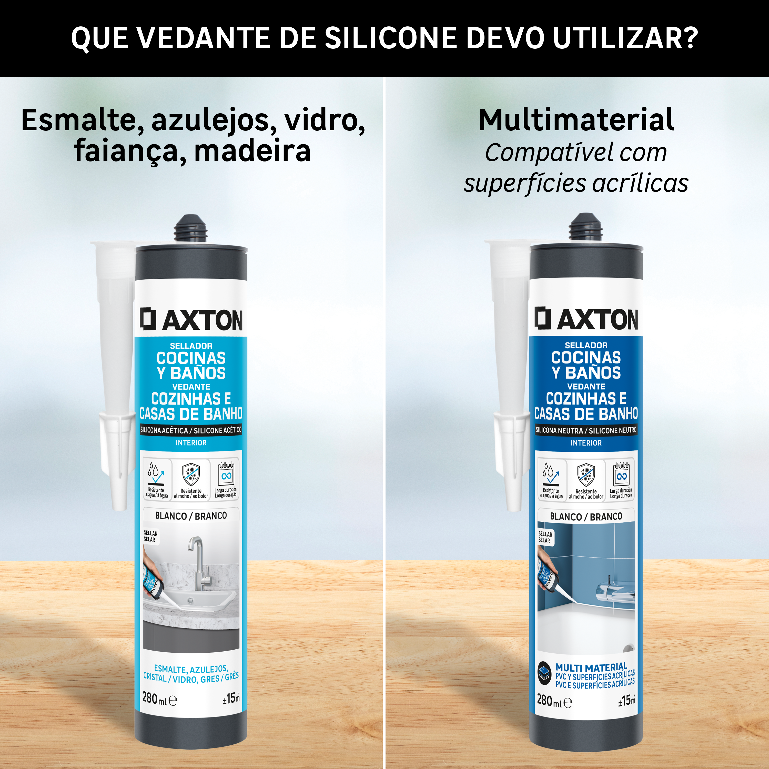 Pack 2 silicones cozinha e casa banho neutro anti fungos 280 ml branco Axton - 5