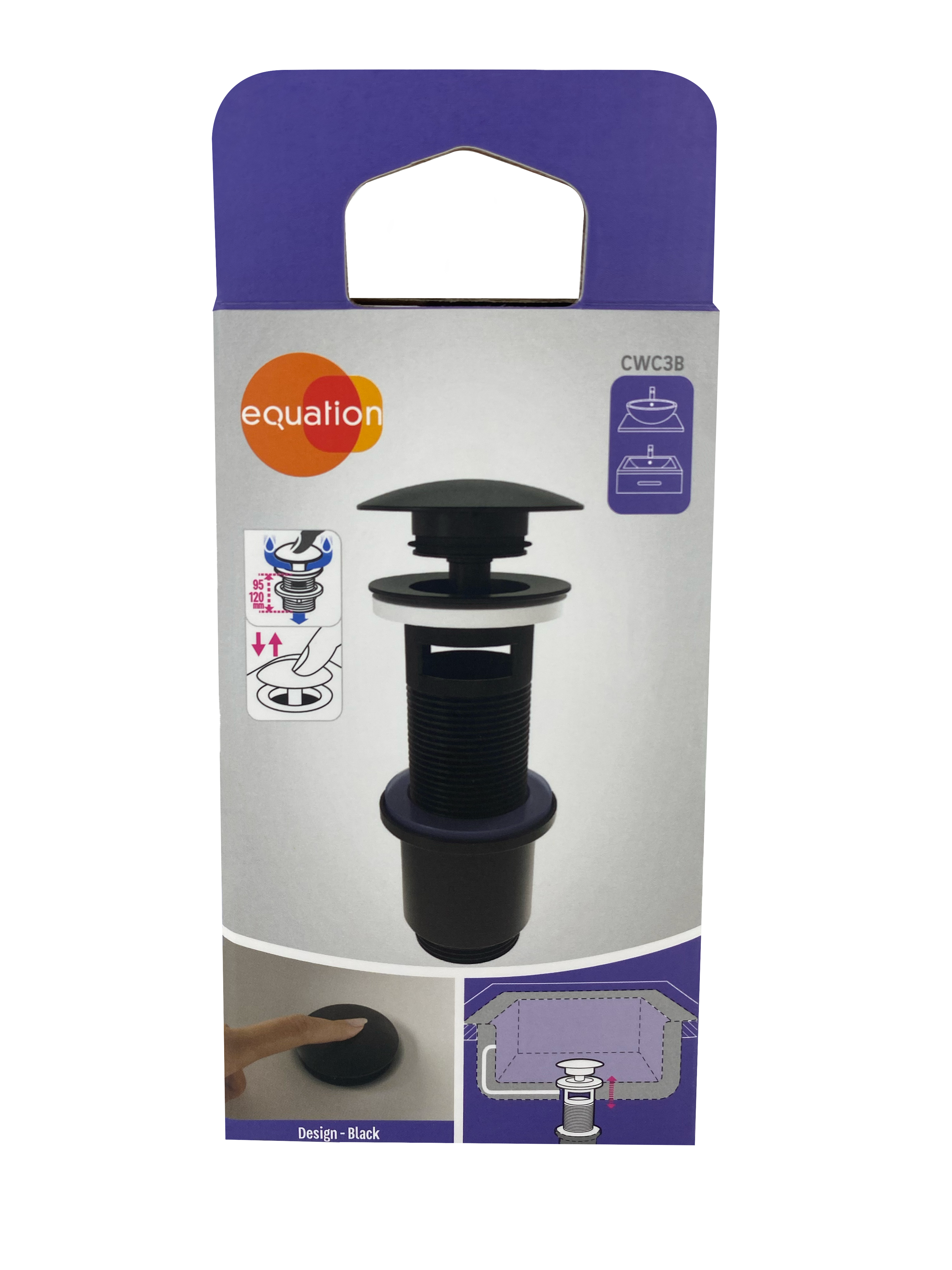 Korek umywalkowy KLIK-KLAK z przelewem czarny 80 mm CWC3B Equation - 7