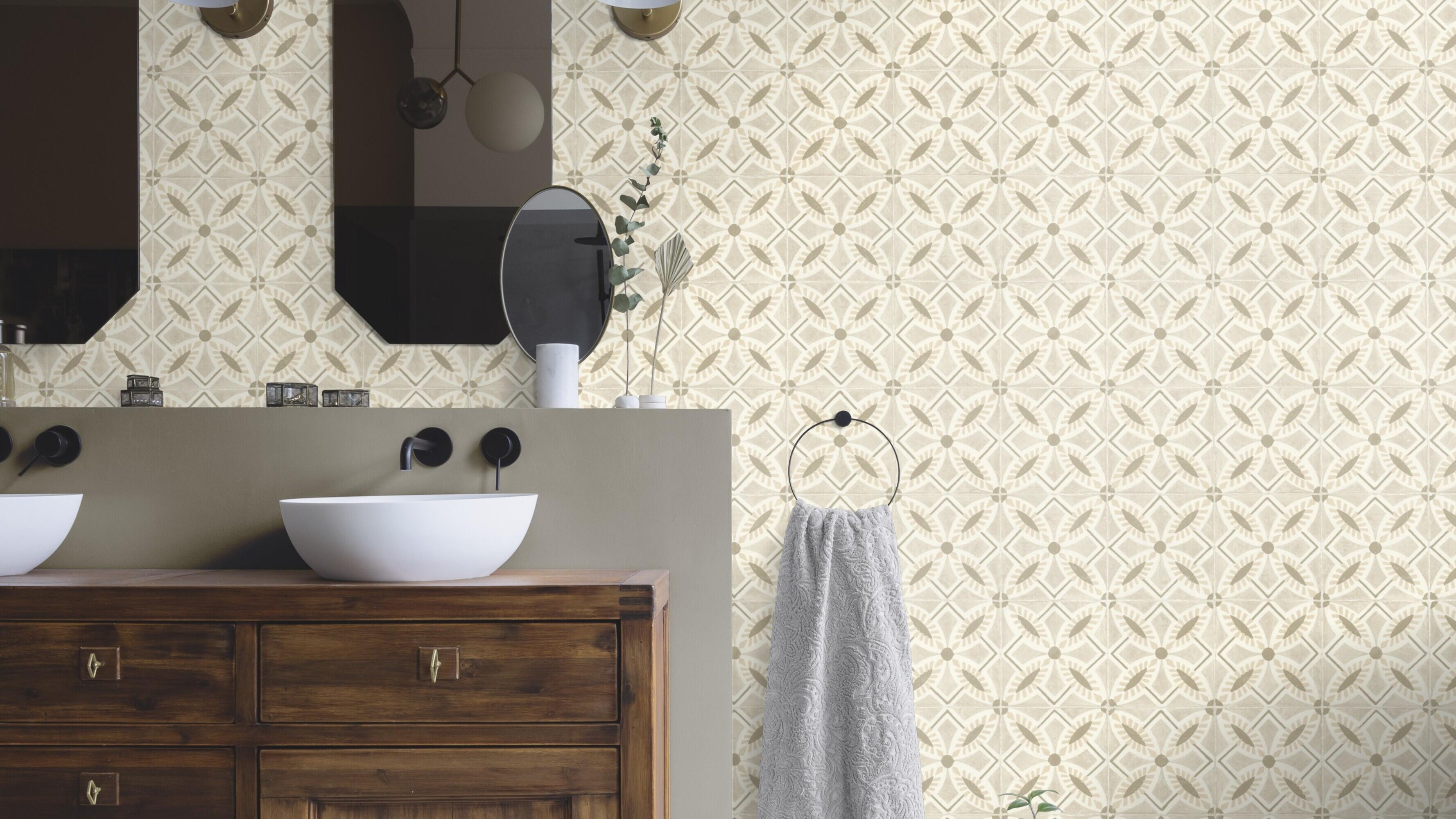 Papel pintado vinilo aplicación cola en pared geométrico lisboa 410266 multicolor rasch 53cmx10m superlavable apto para cocinas o baños