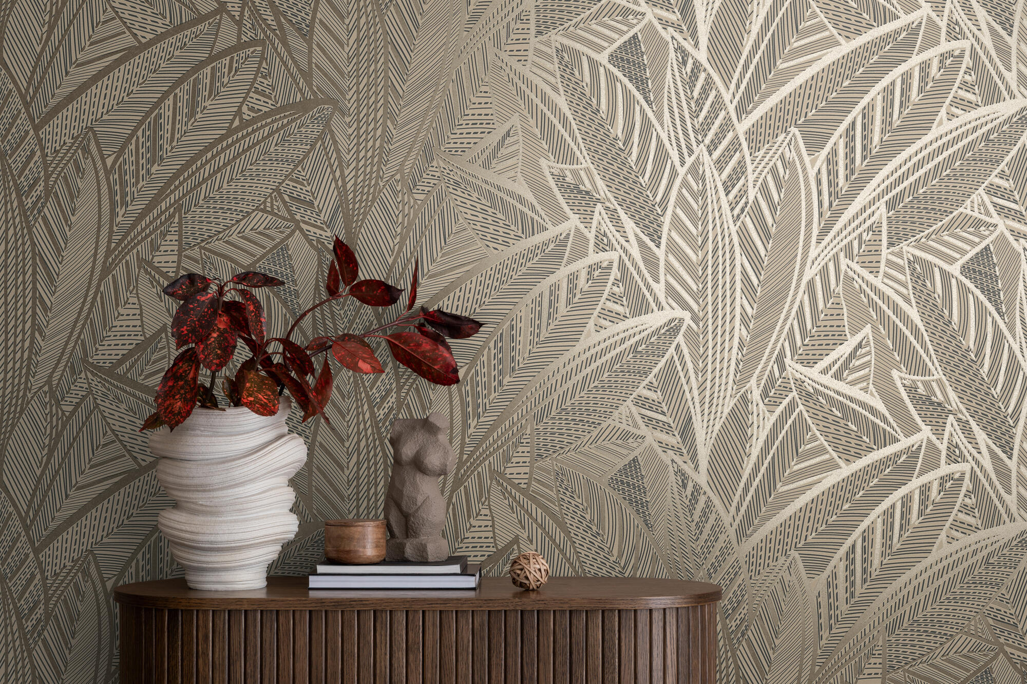 Papier peint intissé Feuille beige et or - 4