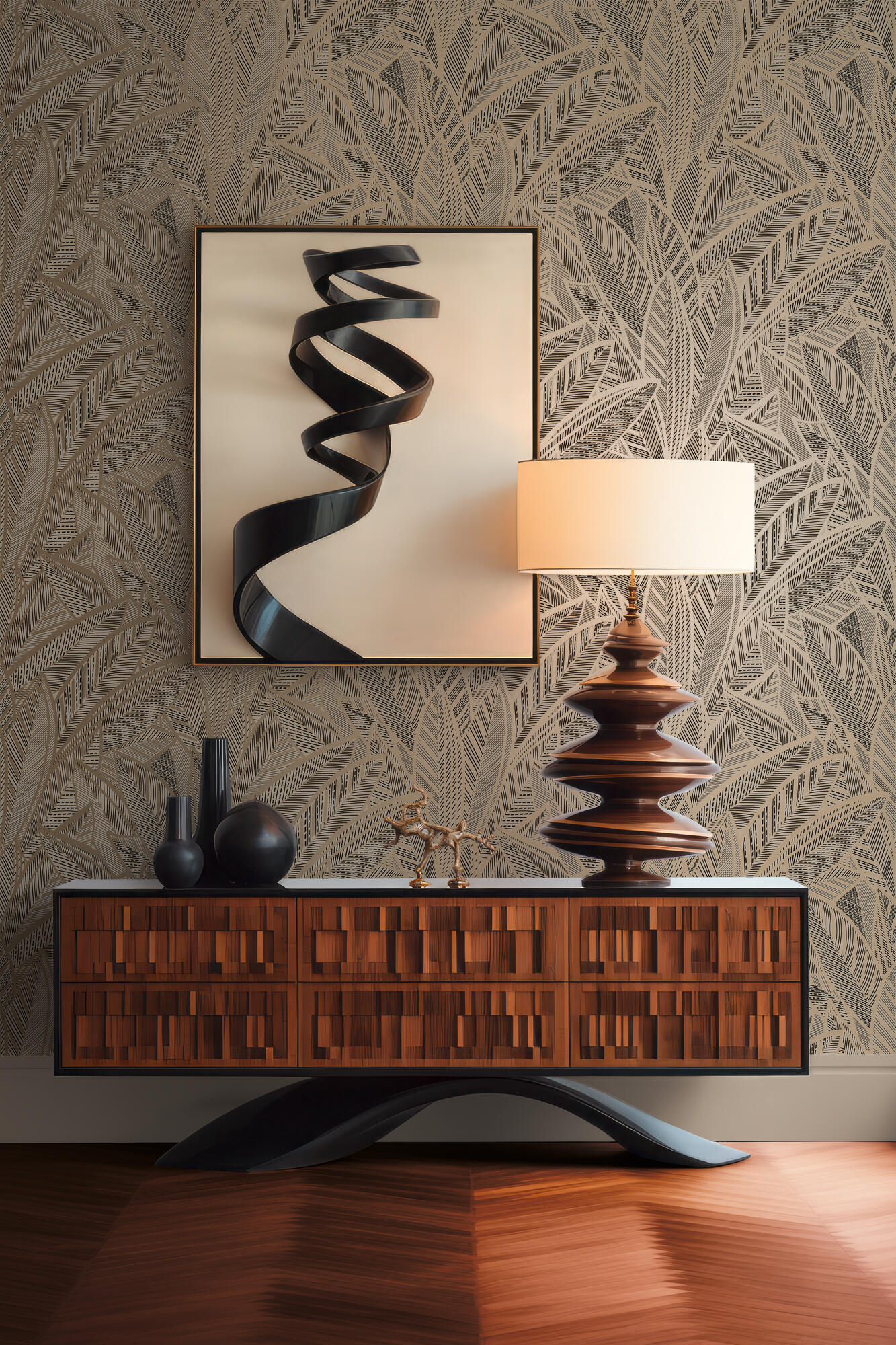 Papier peint intissé Feuille beige et or - 3