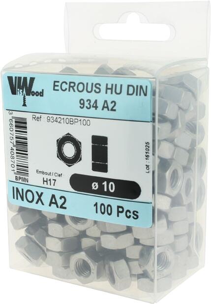 Écrous hexagonaux DIN934 inox A2 Diam. 10 mm Boîte de 100 - VISWOOD - 2